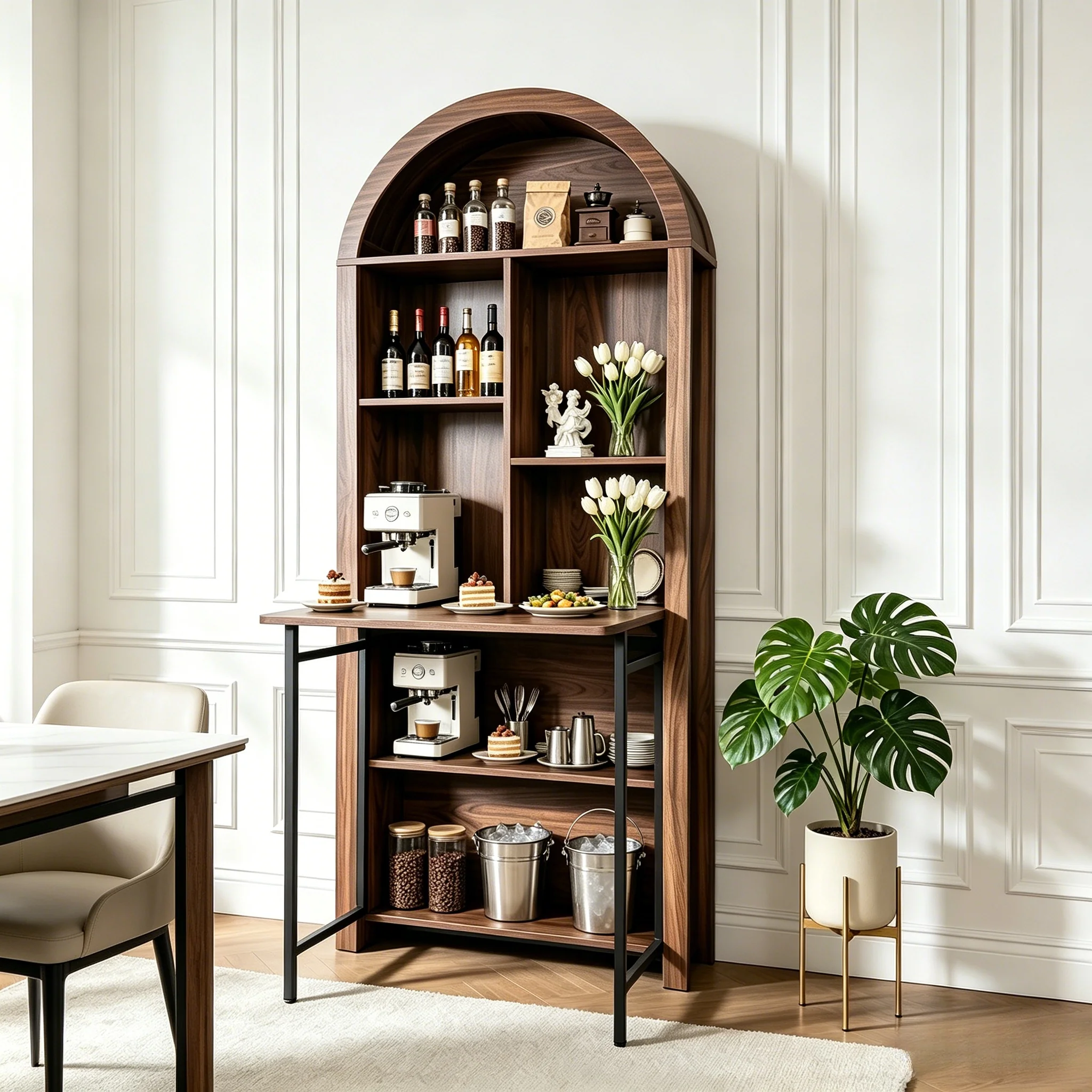 Tall Arched Bookshelf with Convertible Hideaway Desk and Storage - Image 20