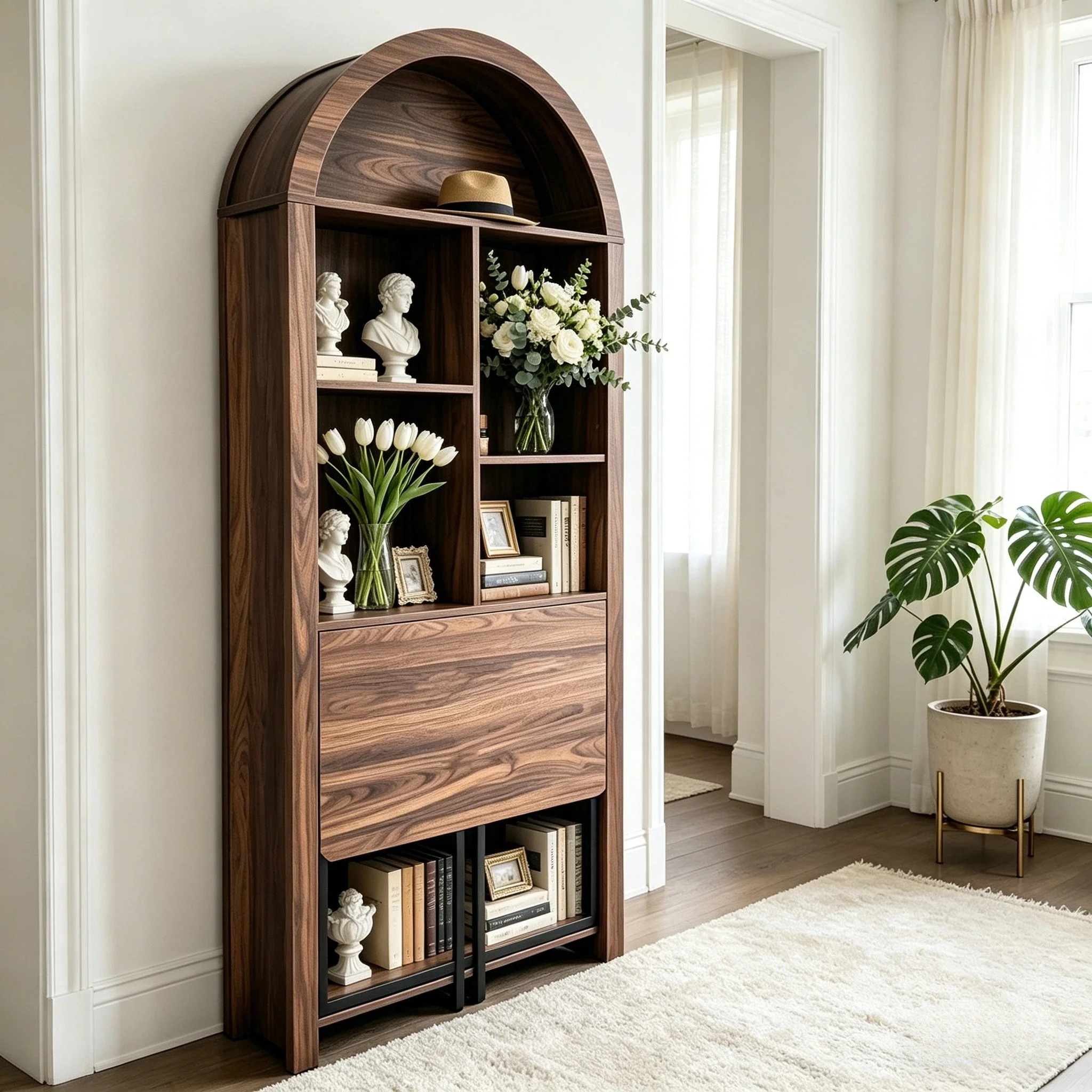 Tall Arched Bookshelf with Convertible Hideaway Desk and Storage - Image 21