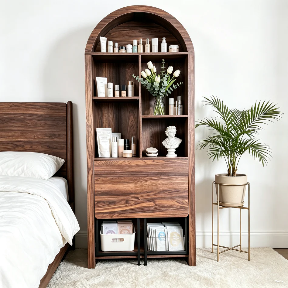 Tall Arched Bookshelf with Convertible Hideaway Desk and Storage - Image 22