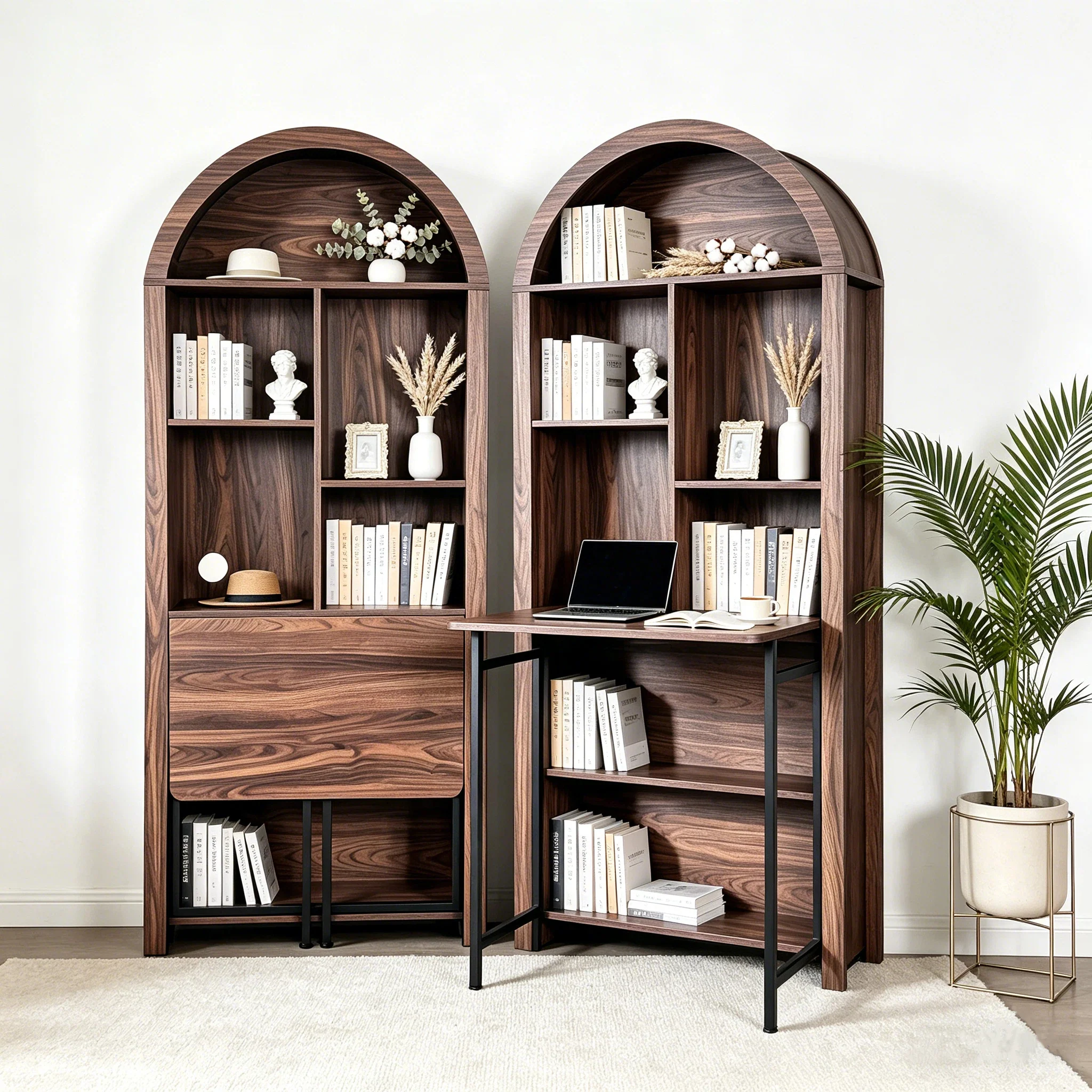 Tall Arched Bookshelf with Convertible Hideaway Desk and Storage - Image 23