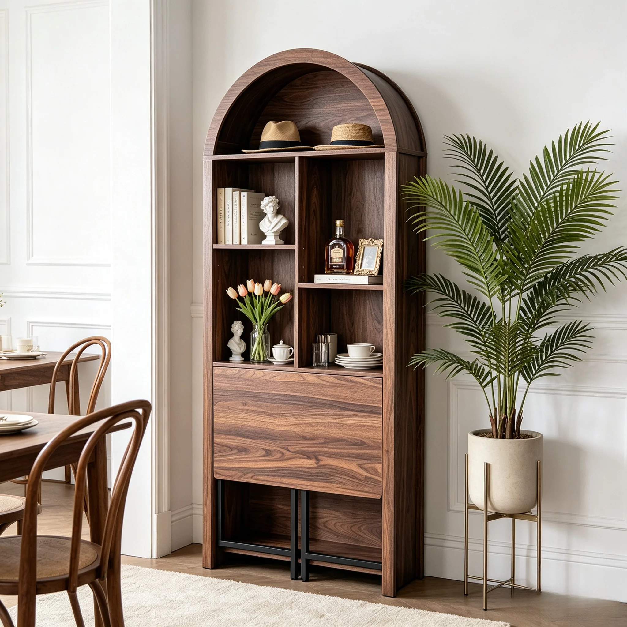 Tall Arched Bookshelf with Convertible Hideaway Desk and Storage - Image 24