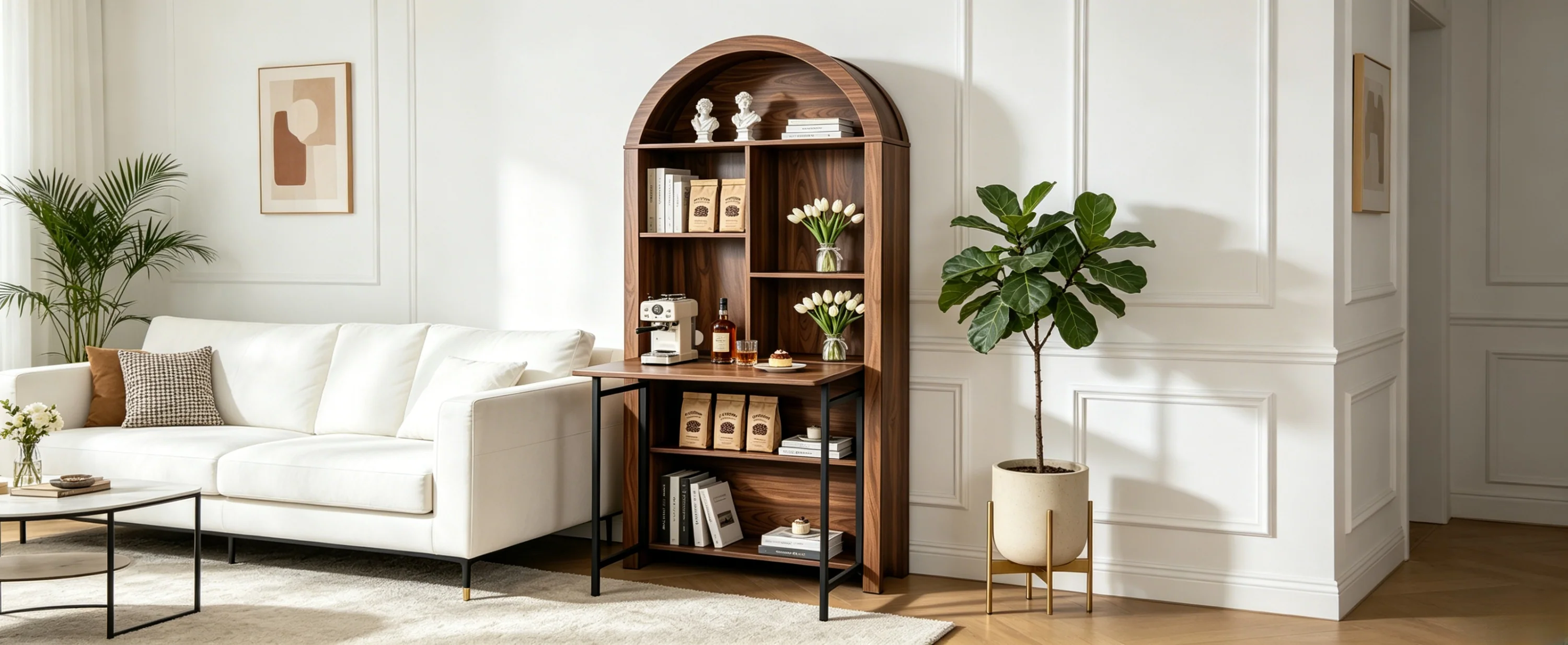 Tall Arched Bookshelf with Convertible Hideaway Desk and Storage - Image 28