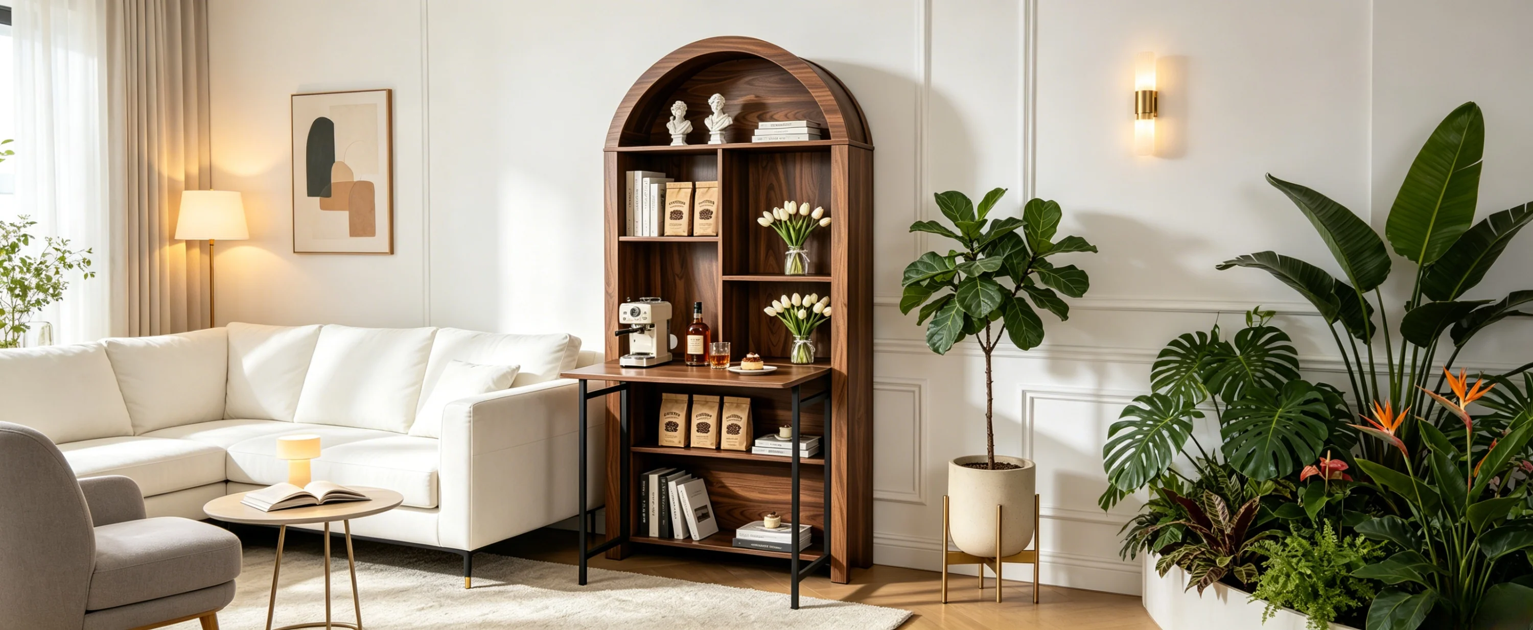 Tall Arched Bookshelf with Convertible Hideaway Desk and Storage - Image 29