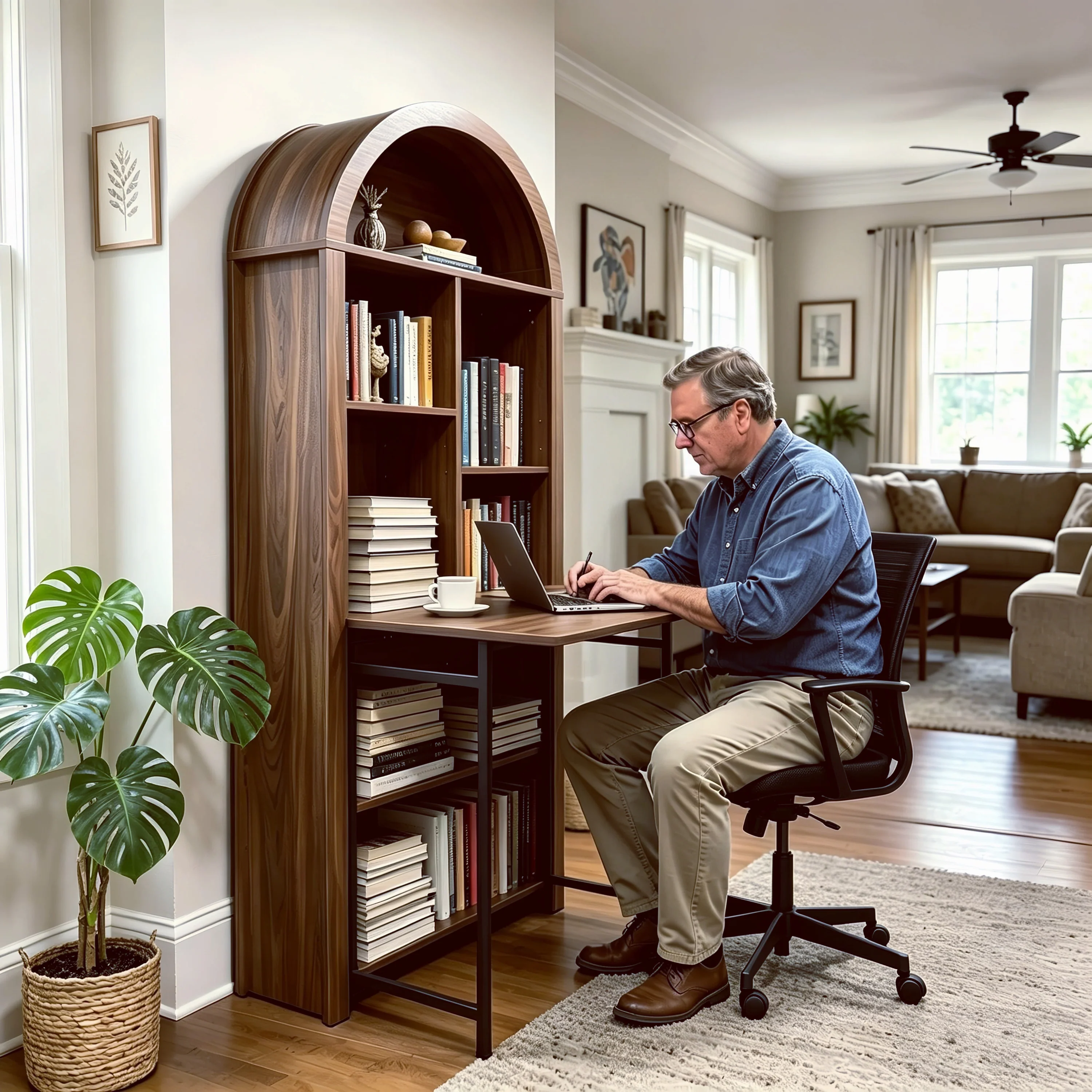 Tall Arched Bookshelf with Convertible Hideaway Desk and Storage - Image 3