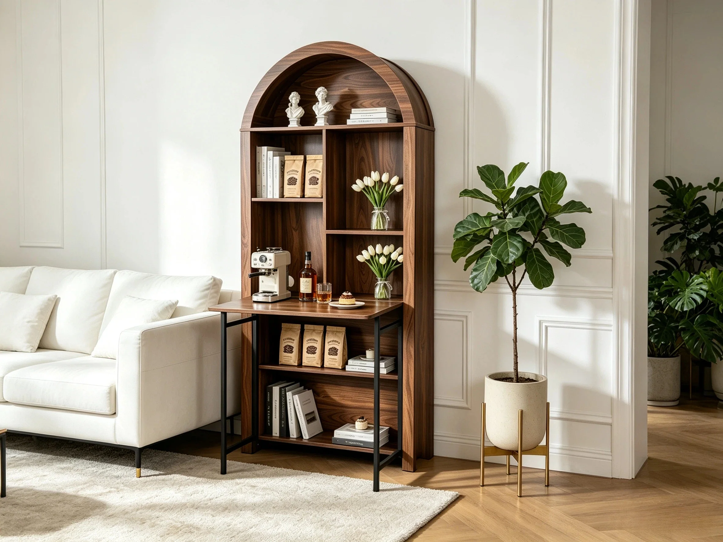 Tall Arched Bookshelf with Convertible Hideaway Desk and Storage - Image 30