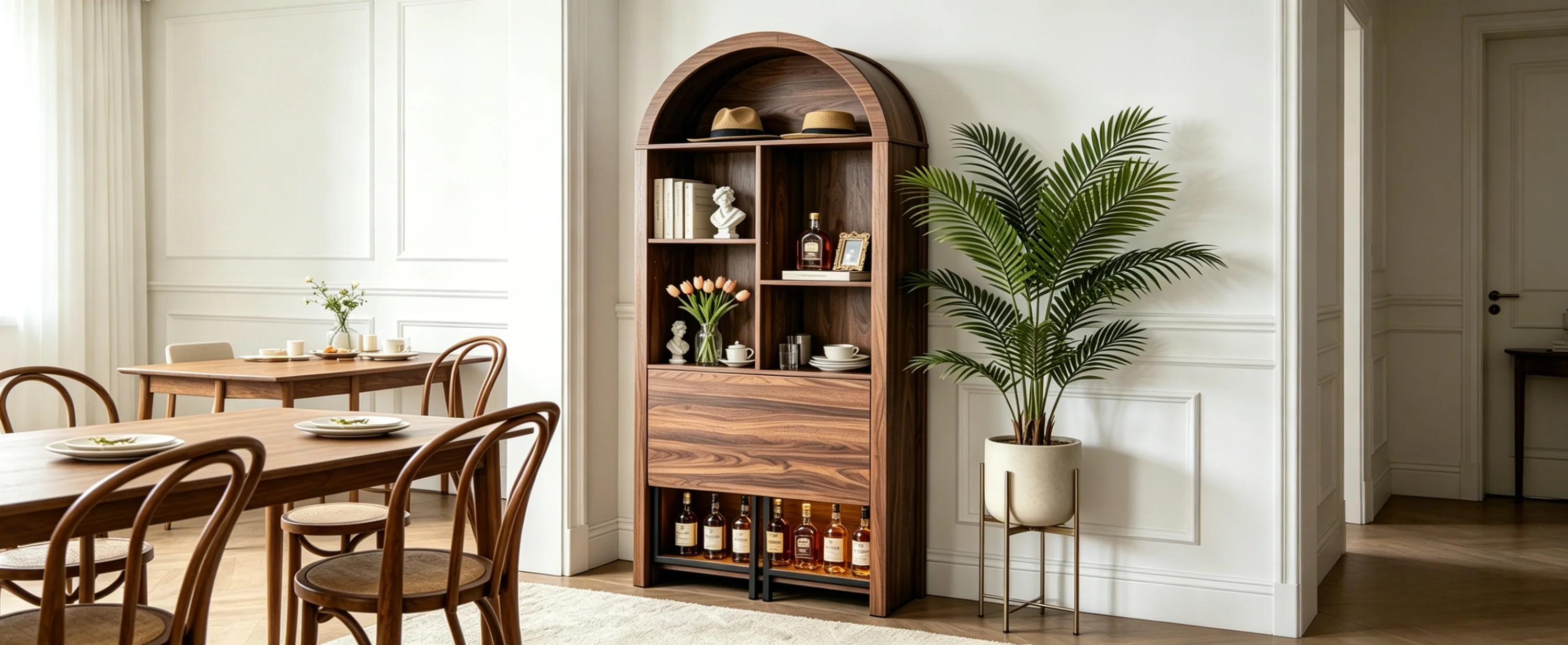 Tall Arched Bookshelf with Convertible Hideaway Desk and Storage - Image 35