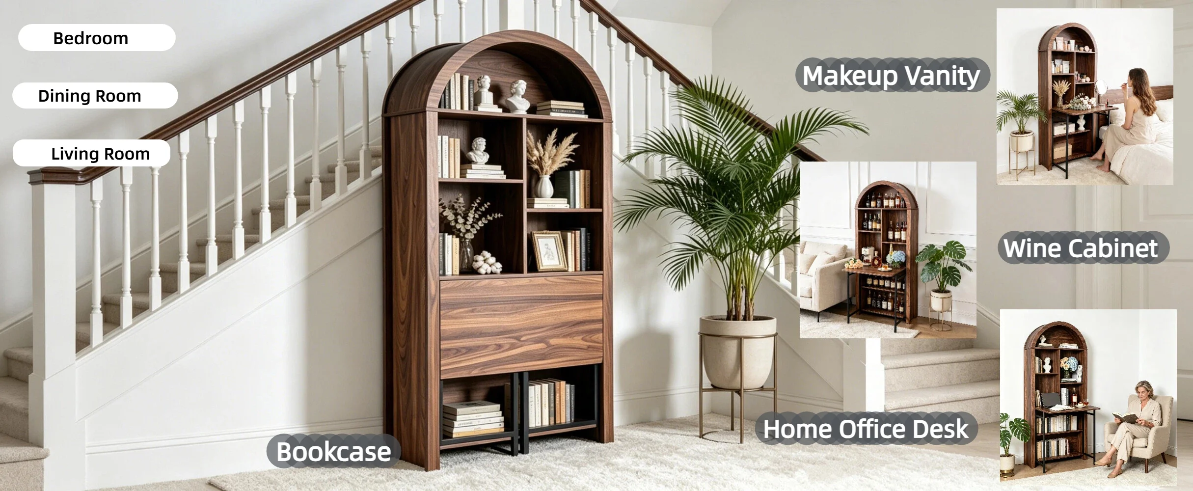 Tall Arched Bookshelf with Convertible Hideaway Desk and Storage - Image 36