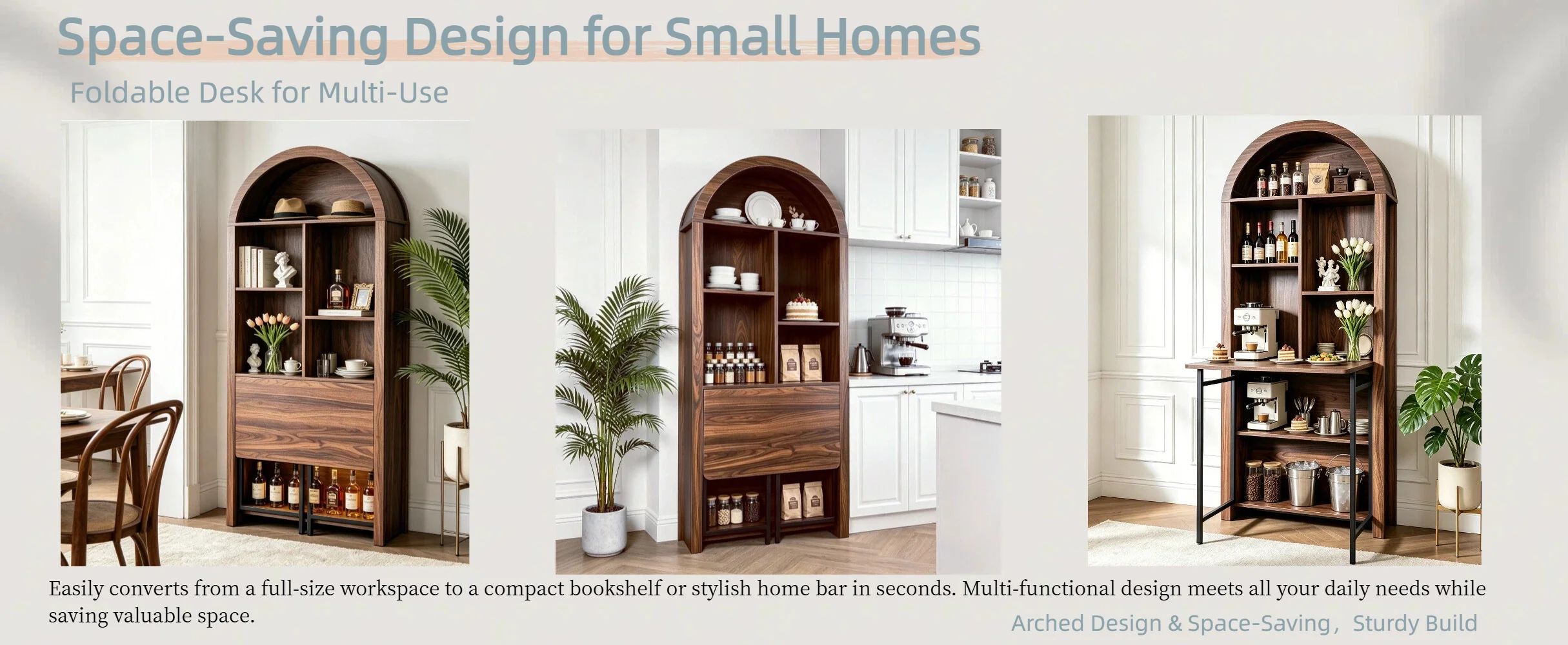 Tall Arched Bookshelf with Convertible Hideaway Desk and Storage - Image 38
