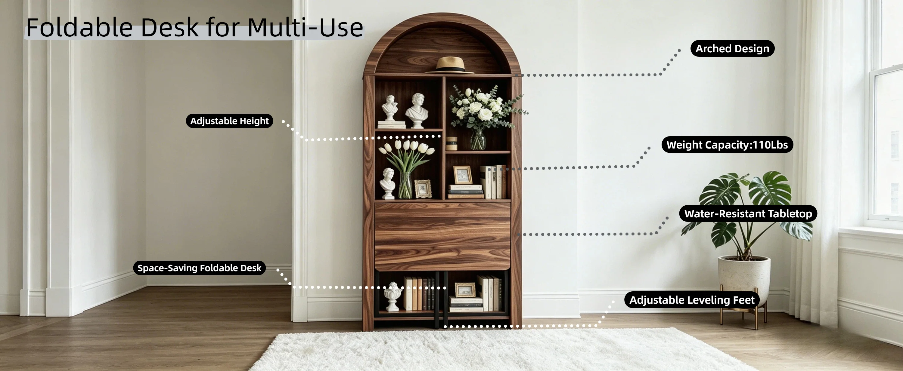 Tall Arched Bookshelf with Convertible Hideaway Desk and Storage - Image 39
