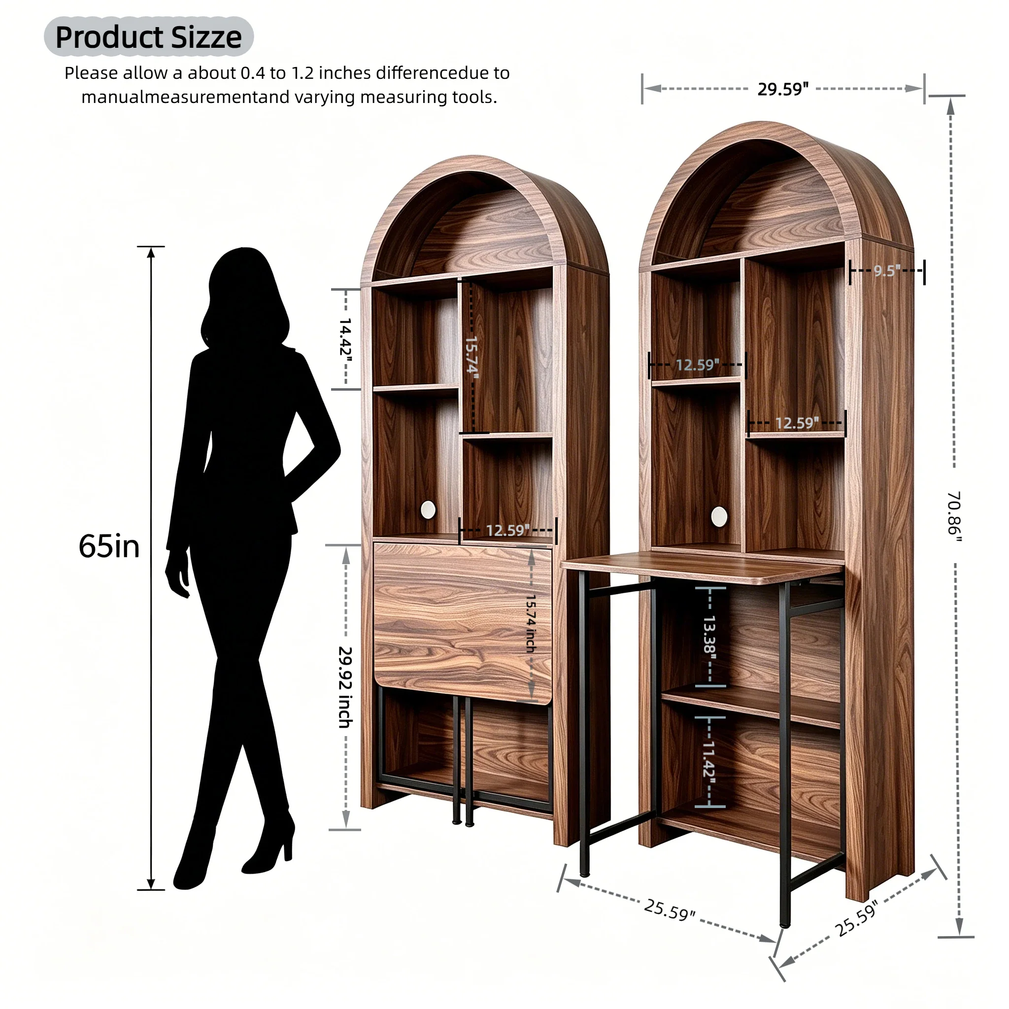 Tall Arched Bookshelf with Convertible Hideaway Desk and Storage - Image 4