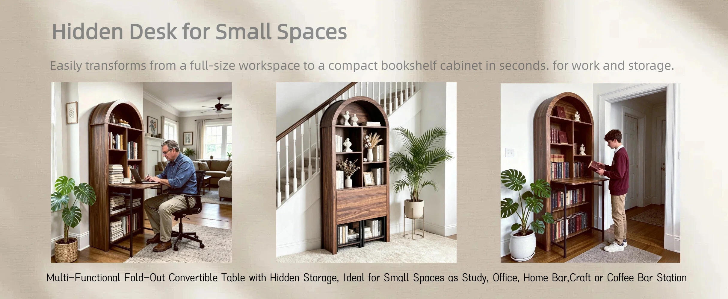Tall Arched Bookshelf with Convertible Hideaway Desk and Storage - Image 40