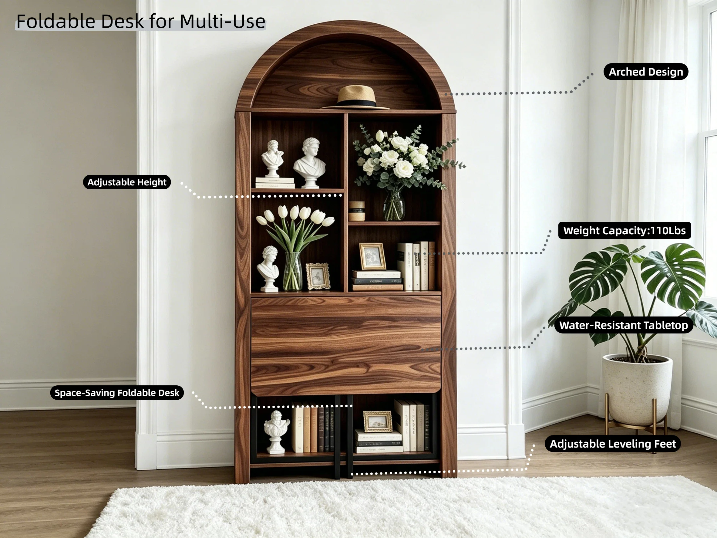 Tall Arched Bookshelf with Convertible Hideaway Desk and Storage - Image 43