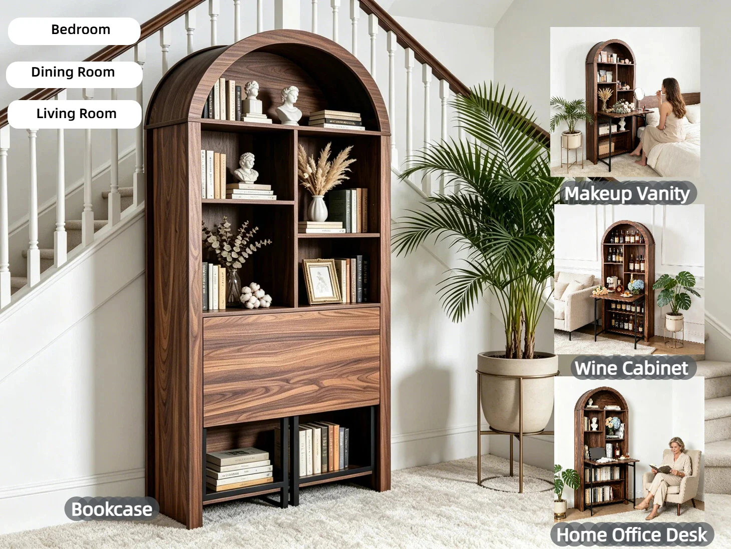 Tall Arched Bookshelf with Convertible Hideaway Desk and Storage - Image 44