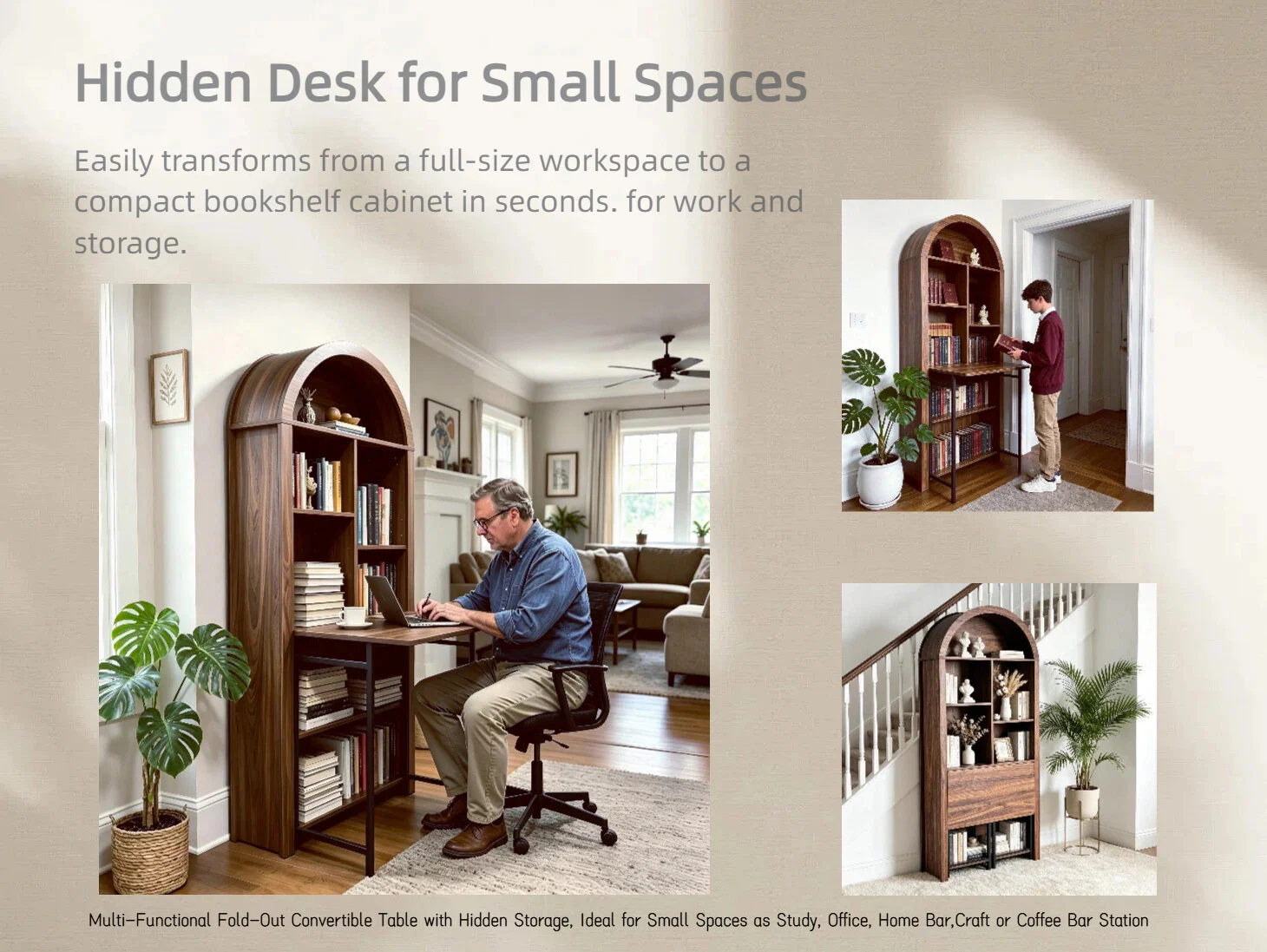 Tall Arched Bookshelf with Convertible Hideaway Desk and Storage - Image 46