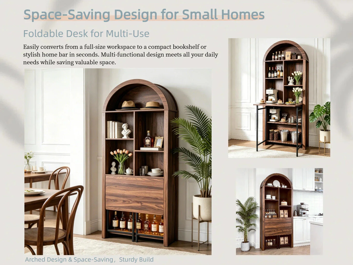 Tall Arched Bookshelf with Convertible Hideaway Desk and Storage - Image 47