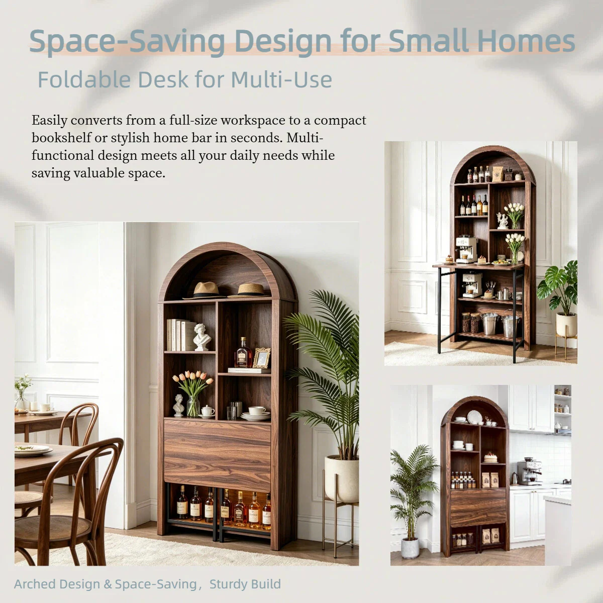 Tall Arched Bookshelf with Convertible Hideaway Desk and Storage - Image 6