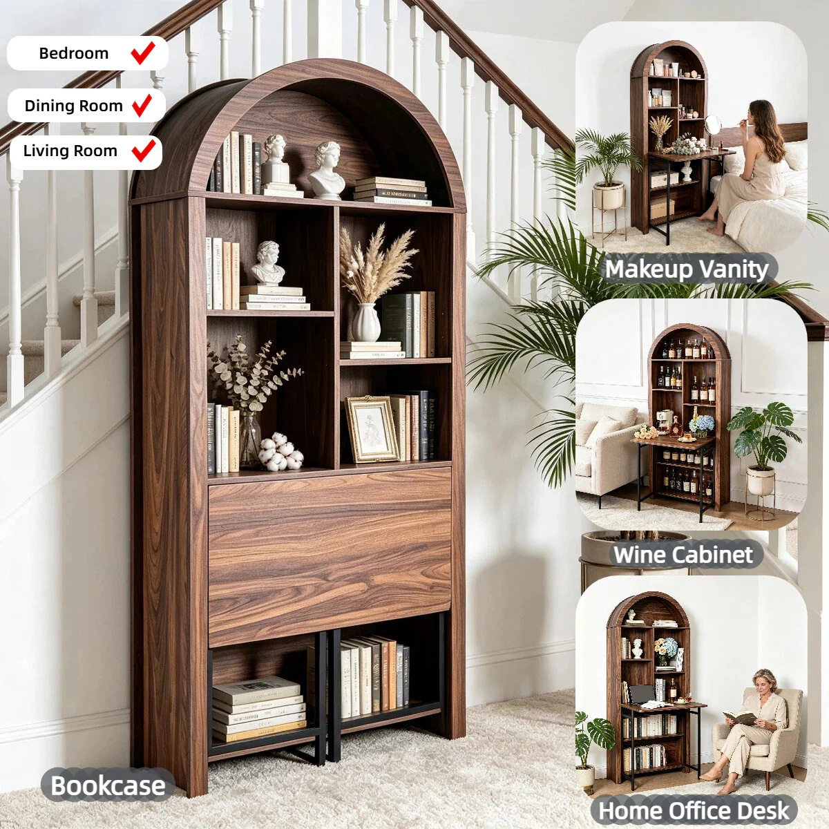 Tall Arched Bookshelf with Convertible Hideaway Desk and Storage - Image 8
