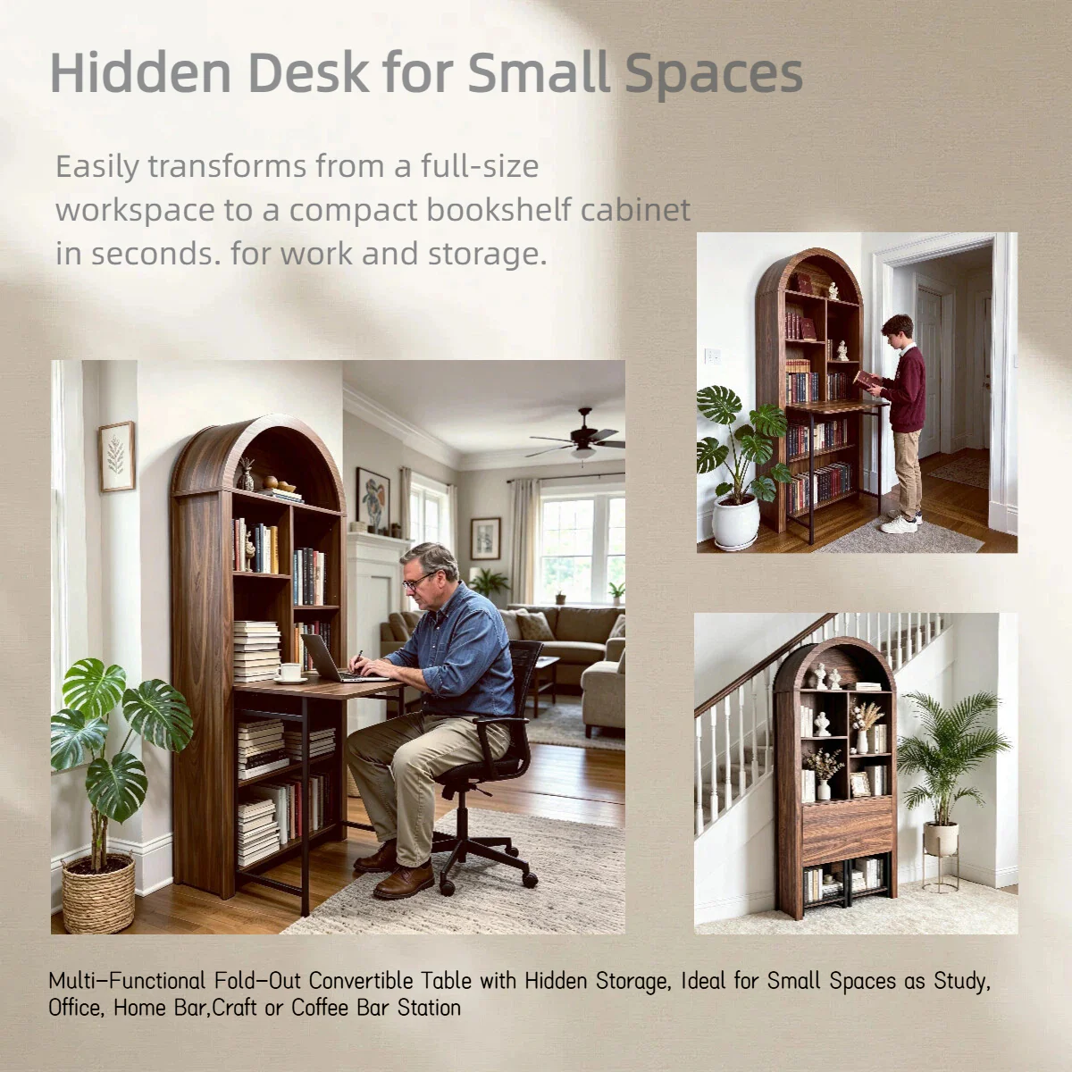 Tall Arched Bookshelf with Convertible Hideaway Desk and Storage - Image 9