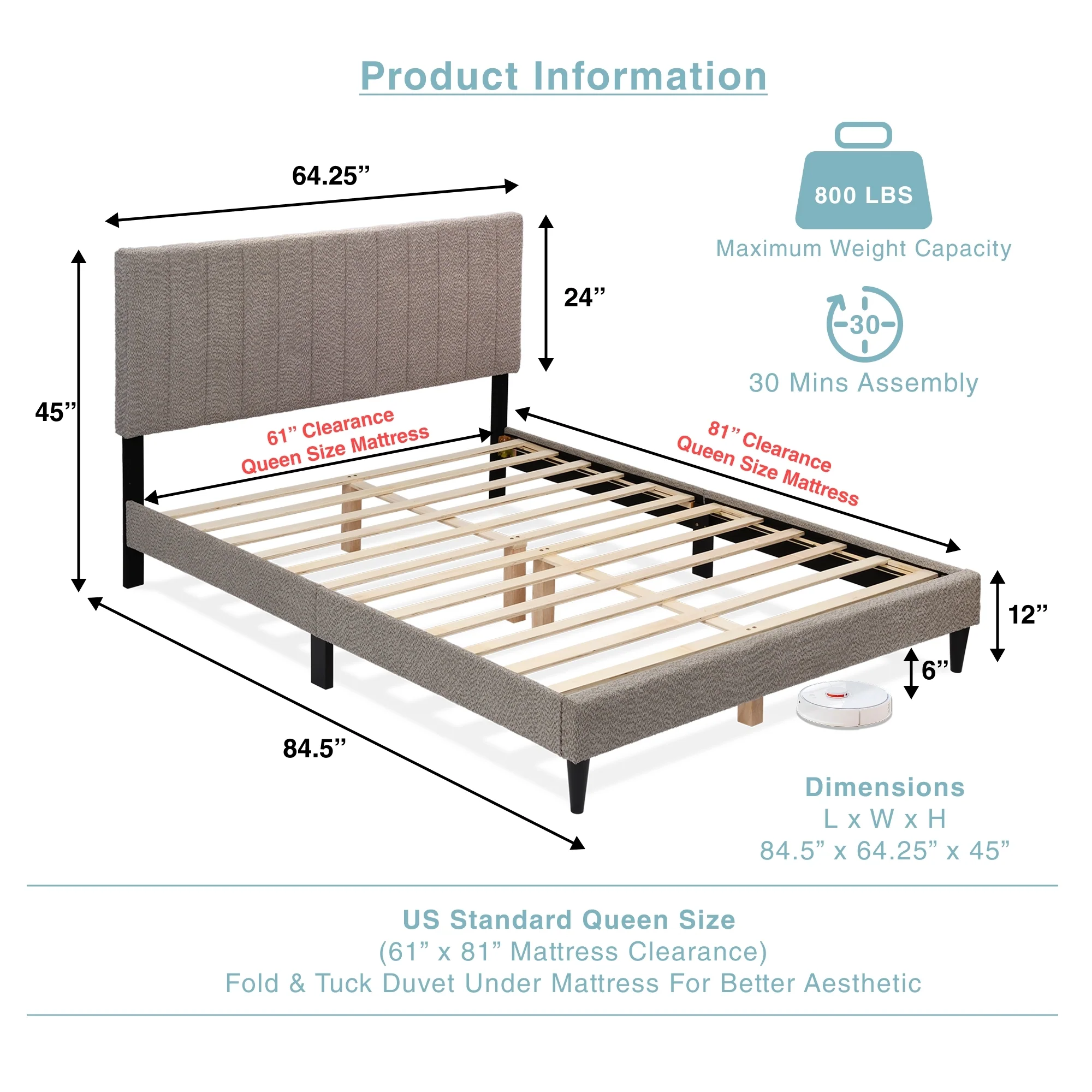 Tufted Boucle Upholstered Gray Queen Platform Bedframe - Image 3