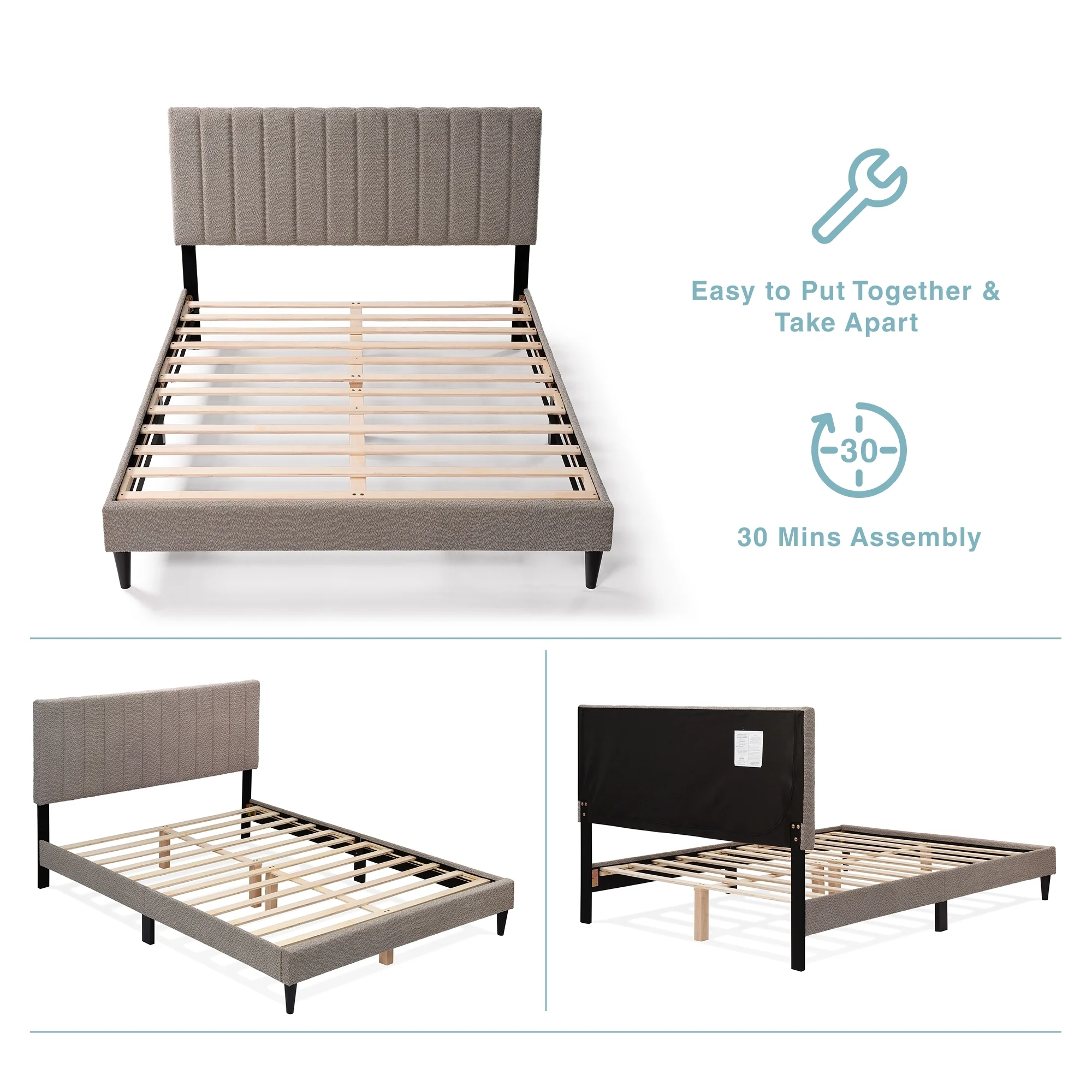 Tufted Boucle Upholstered Gray Queen Platform Bedframe - Image 5