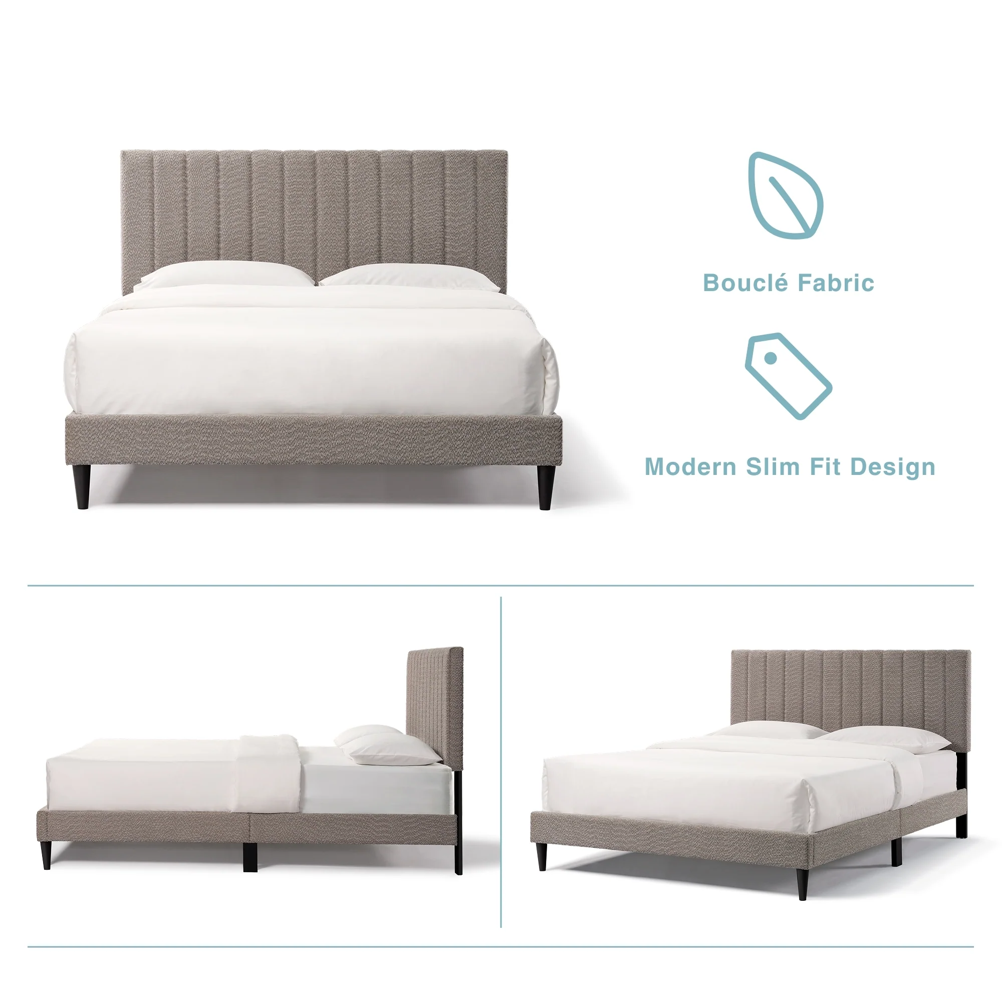 Tufted Boucle Upholstered Gray Queen Platform Bedframe - Image 6