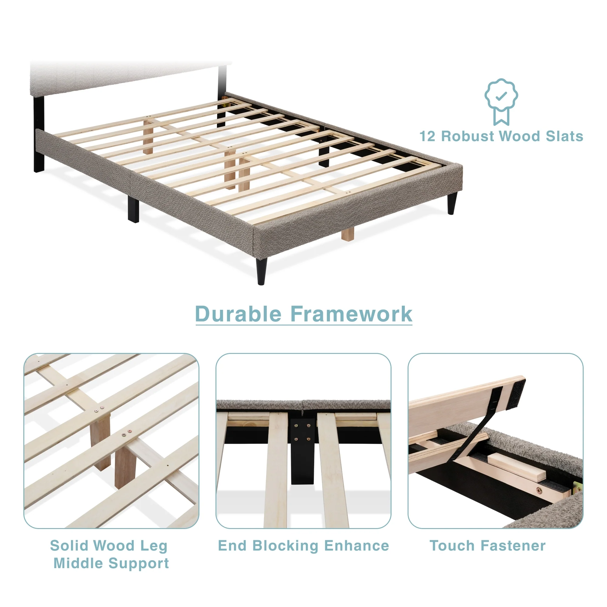 Tufted Boucle Upholstered Gray Queen Platform Bedframe - Image 9