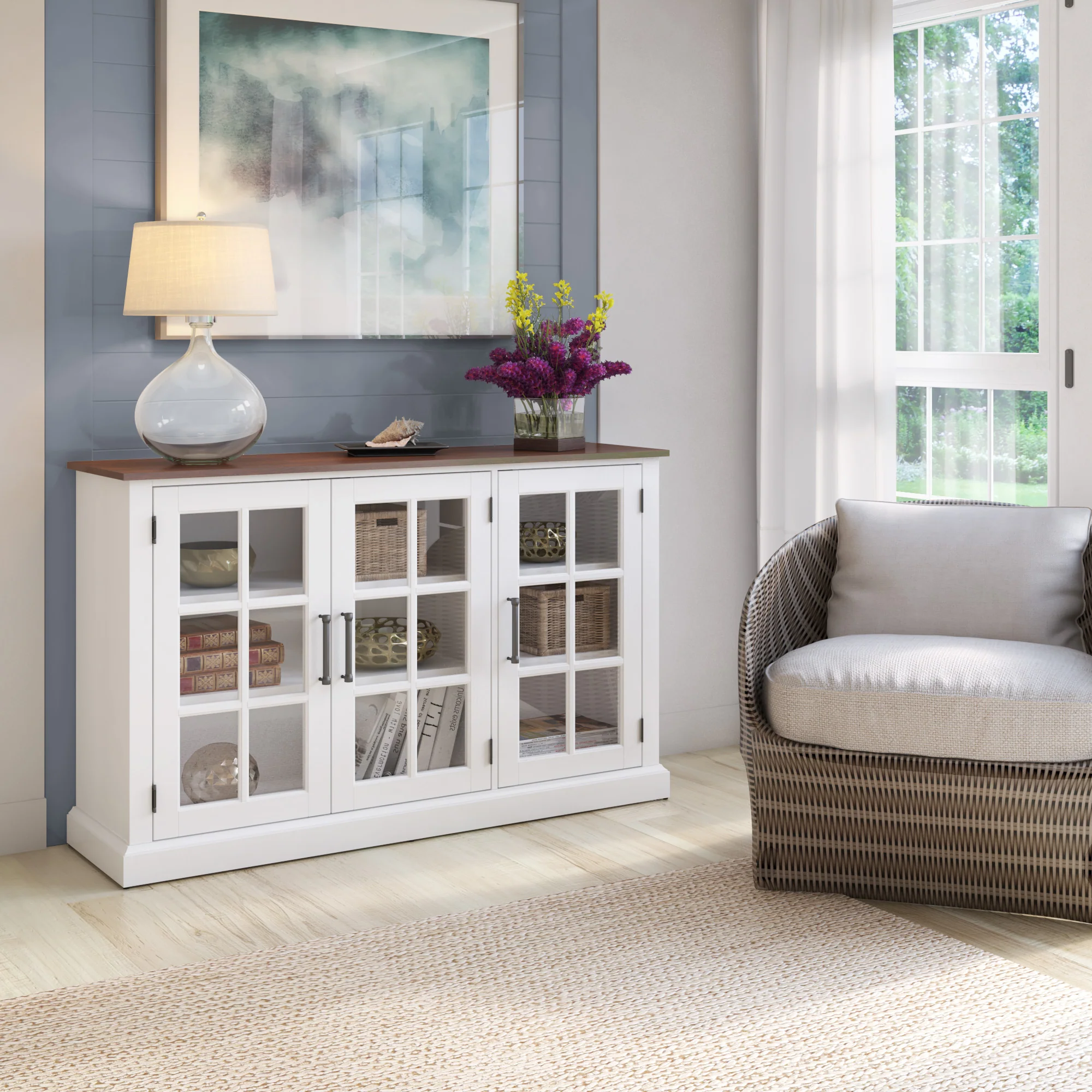 Farmhouse Window Pane Glass Doors Two Tone Buffet Sideboard