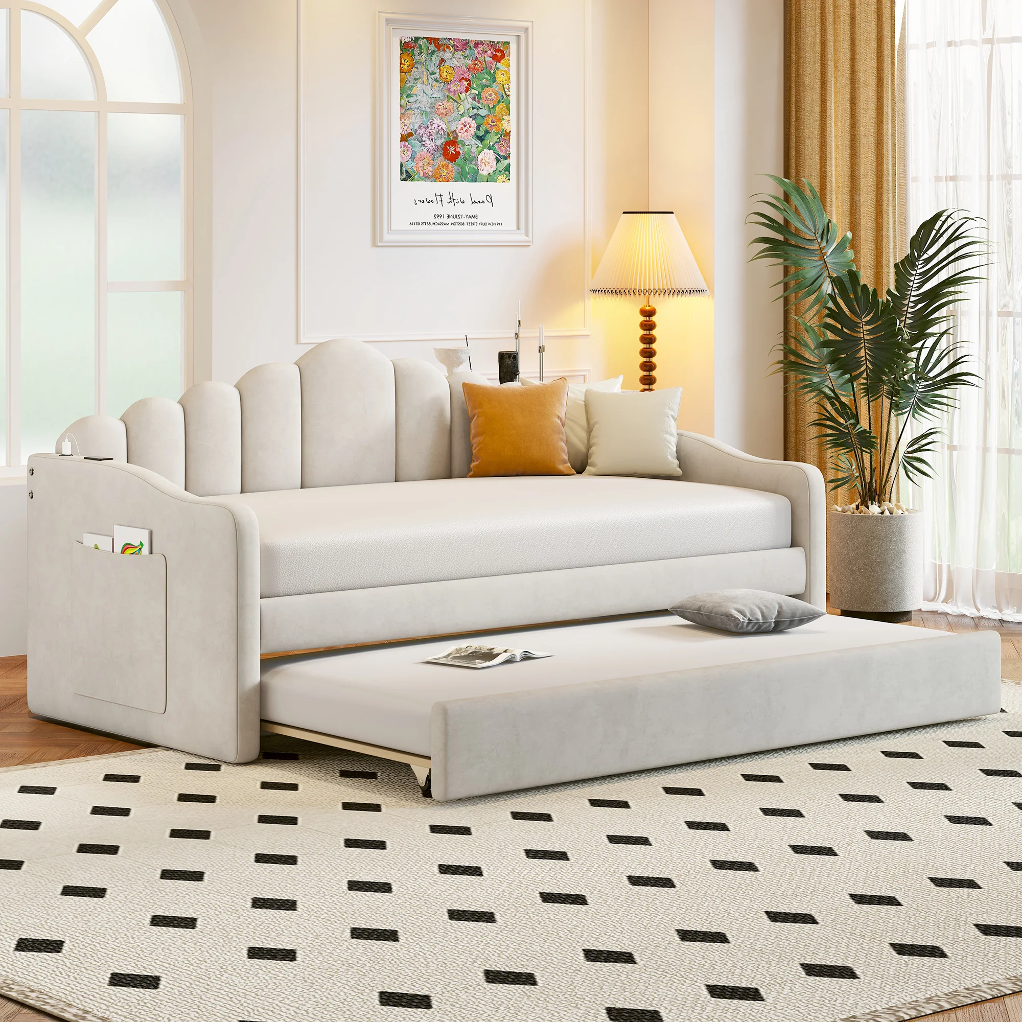 Walker Edison | Velvet Twin Size Sofa Bed with Trundle and USB Charging Ports