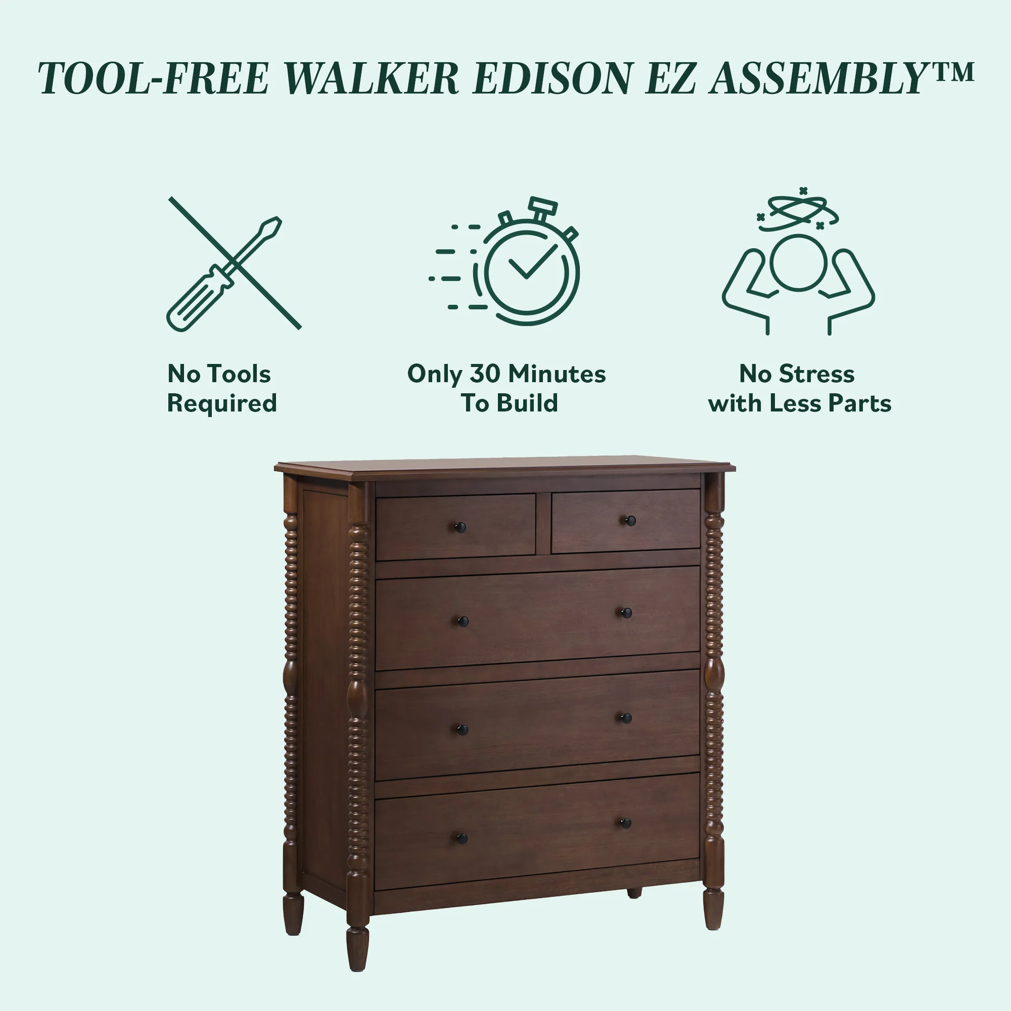 Traditional Vivienne 5-Drawer Easy Assembly Solid Wood Dresser - Image 6