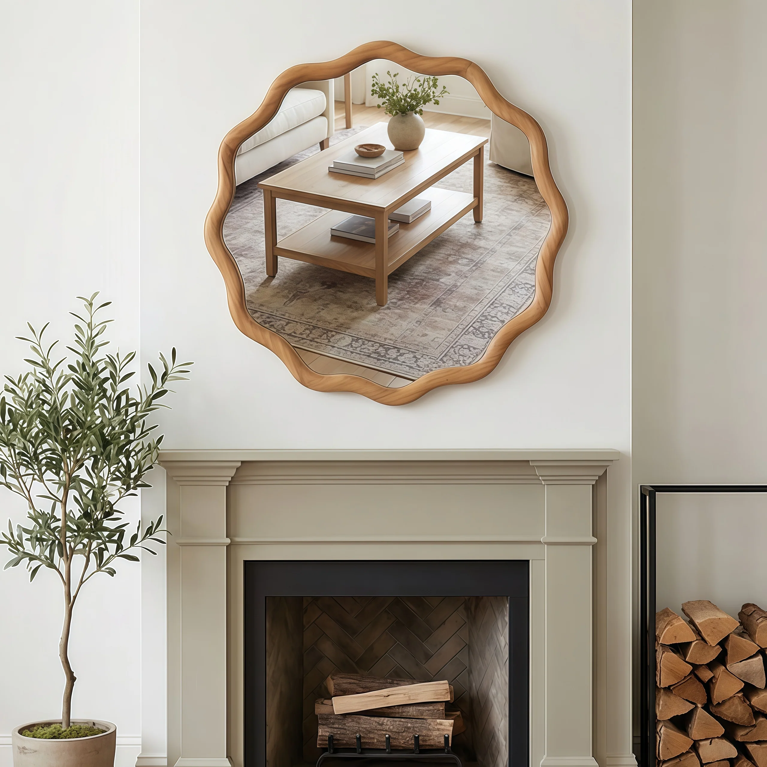 Wavy Round 24" Solid Wood Frame Decorative Mirror - Image 3