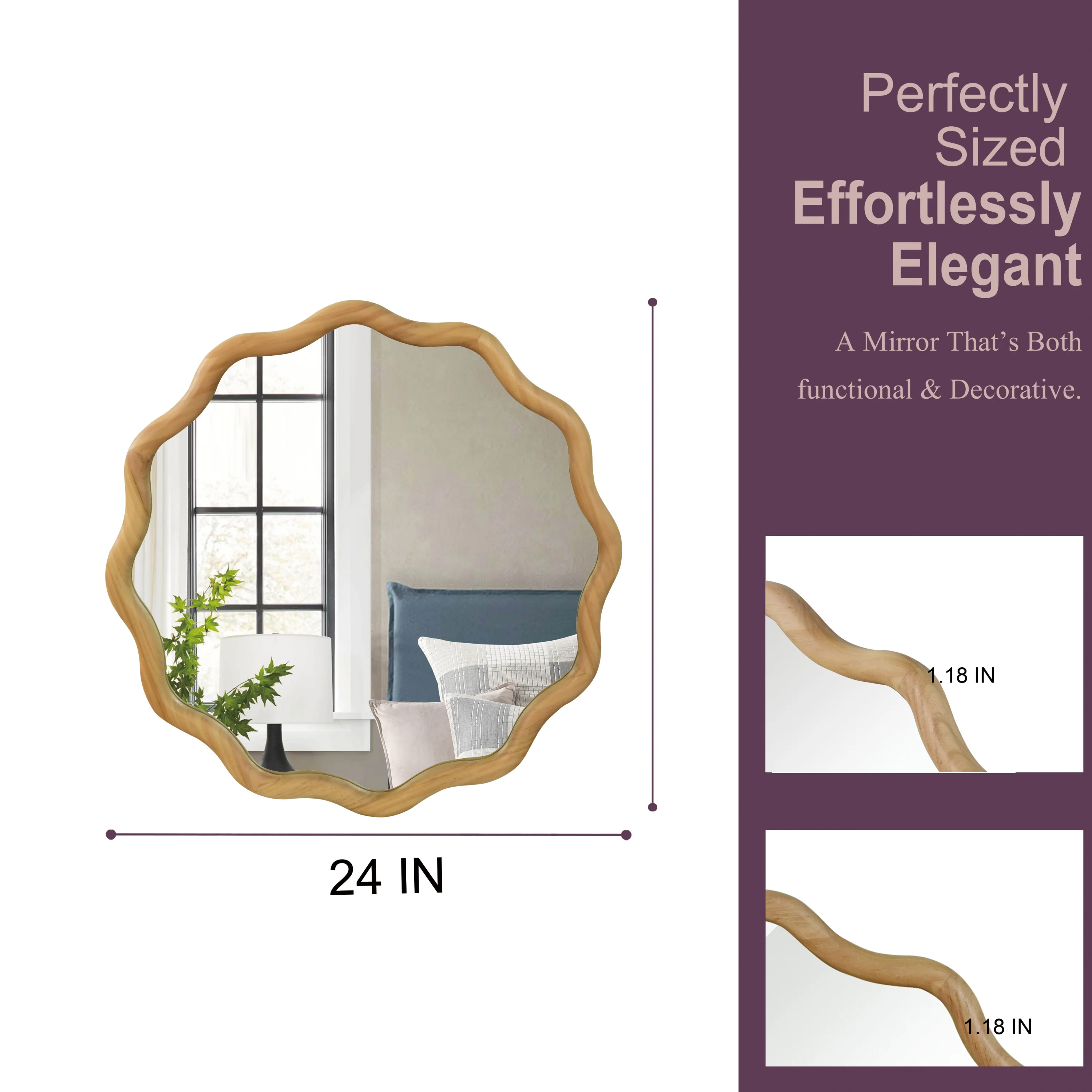 Wavy Round 24" Solid Wood Frame Decorative Mirror - Image 4