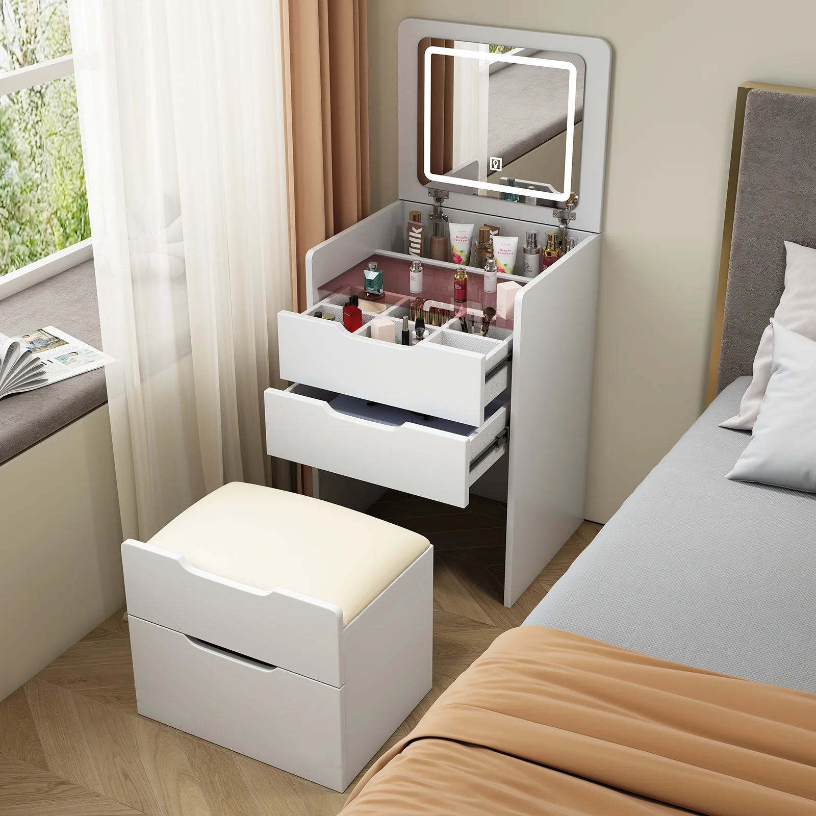 Walker Edison | White 3 in 1 Vanity Desk Set with Flip Top Mirror & Storage