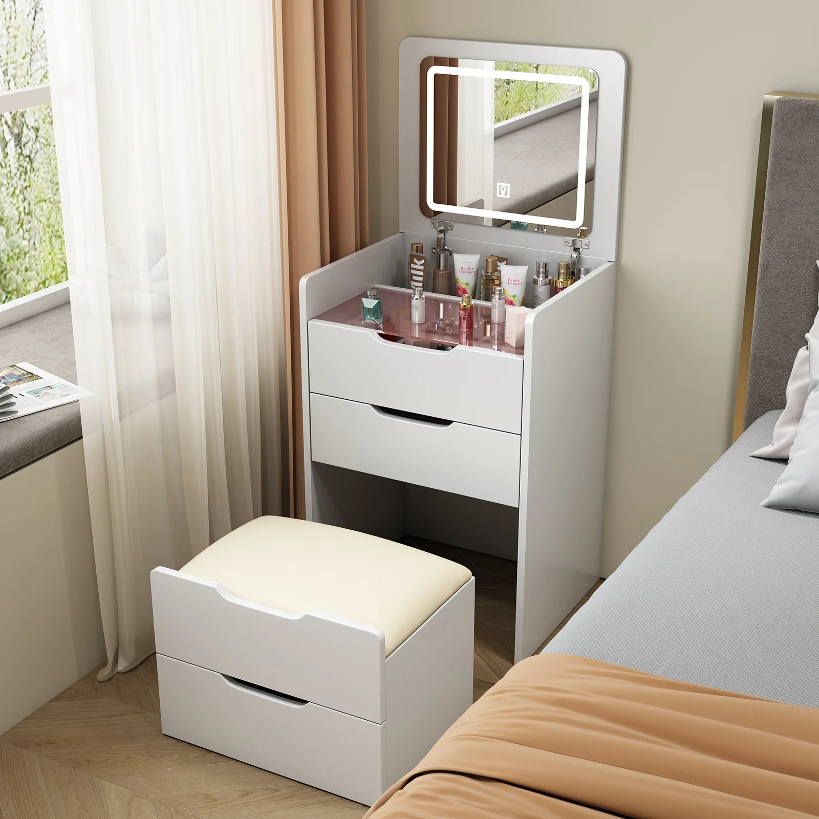 Walker Edison | White 3 in 1 Vanity Desk Set with Flip Top Mirror & Storage - Image 10
