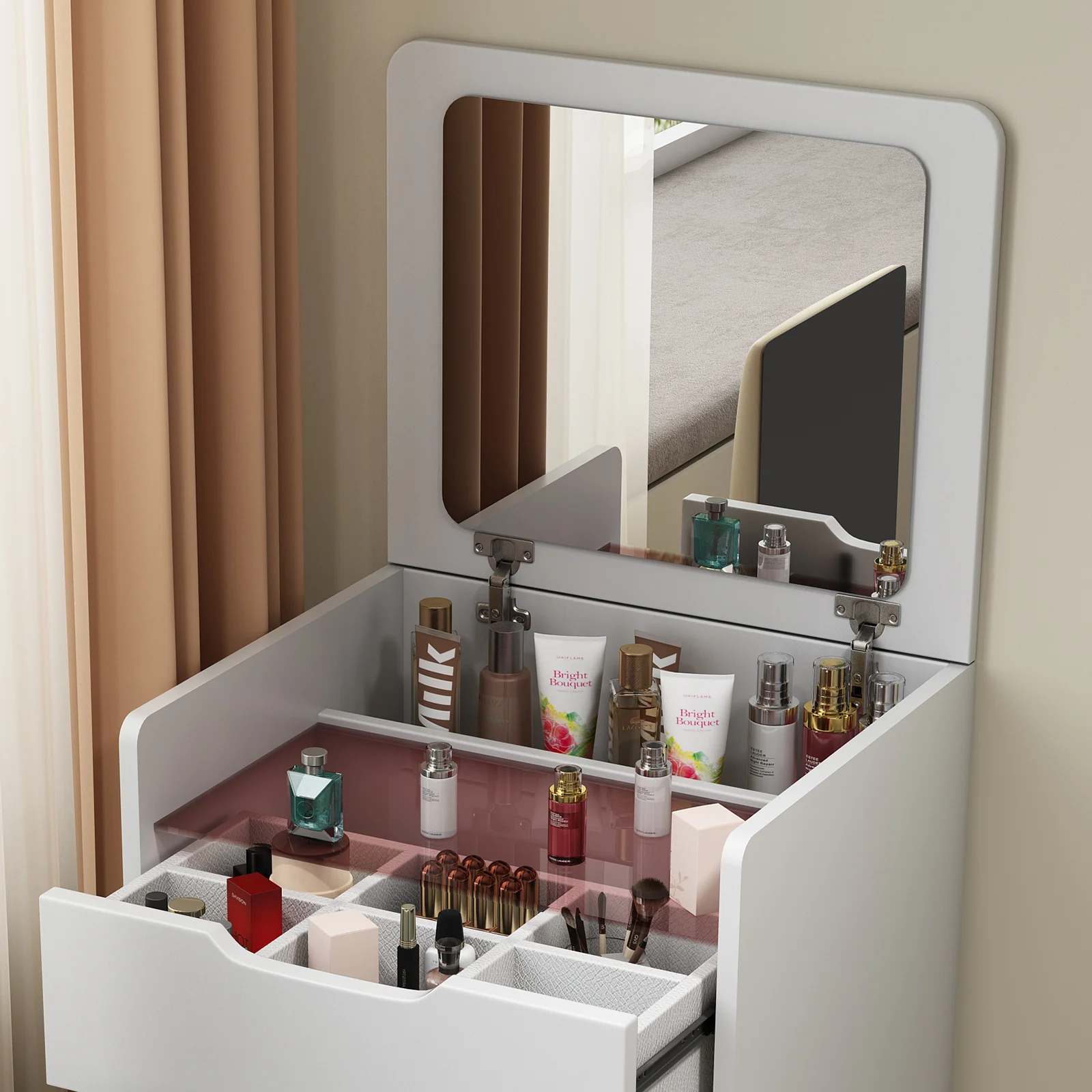 Walker Edison | White 3 in 1 Vanity Desk Set with Flip Top Mirror & Storage - Image 14
