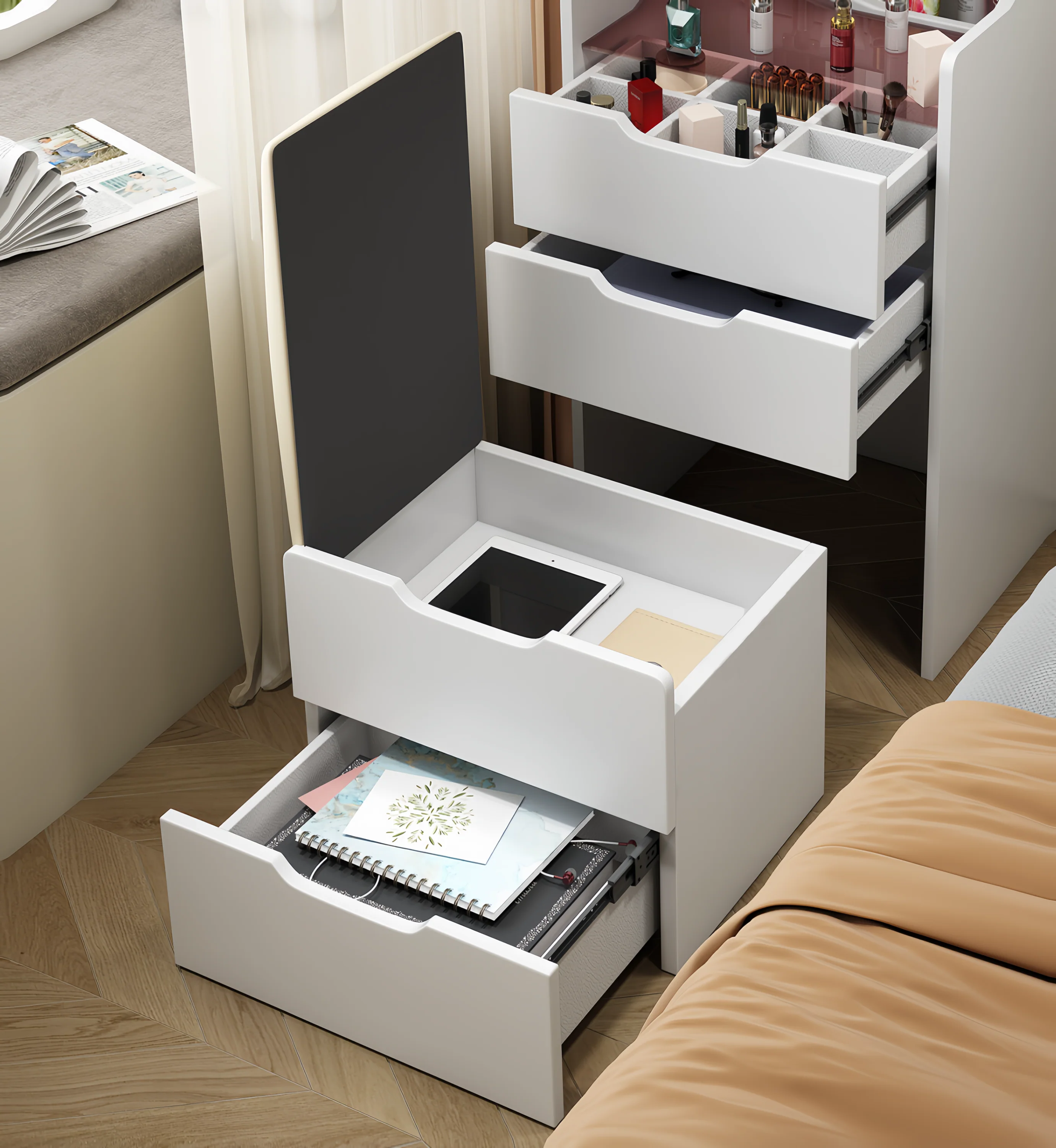 Walker Edison | White 3 in 1 Vanity Desk Set with Flip Top Mirror & Storage - Image 6