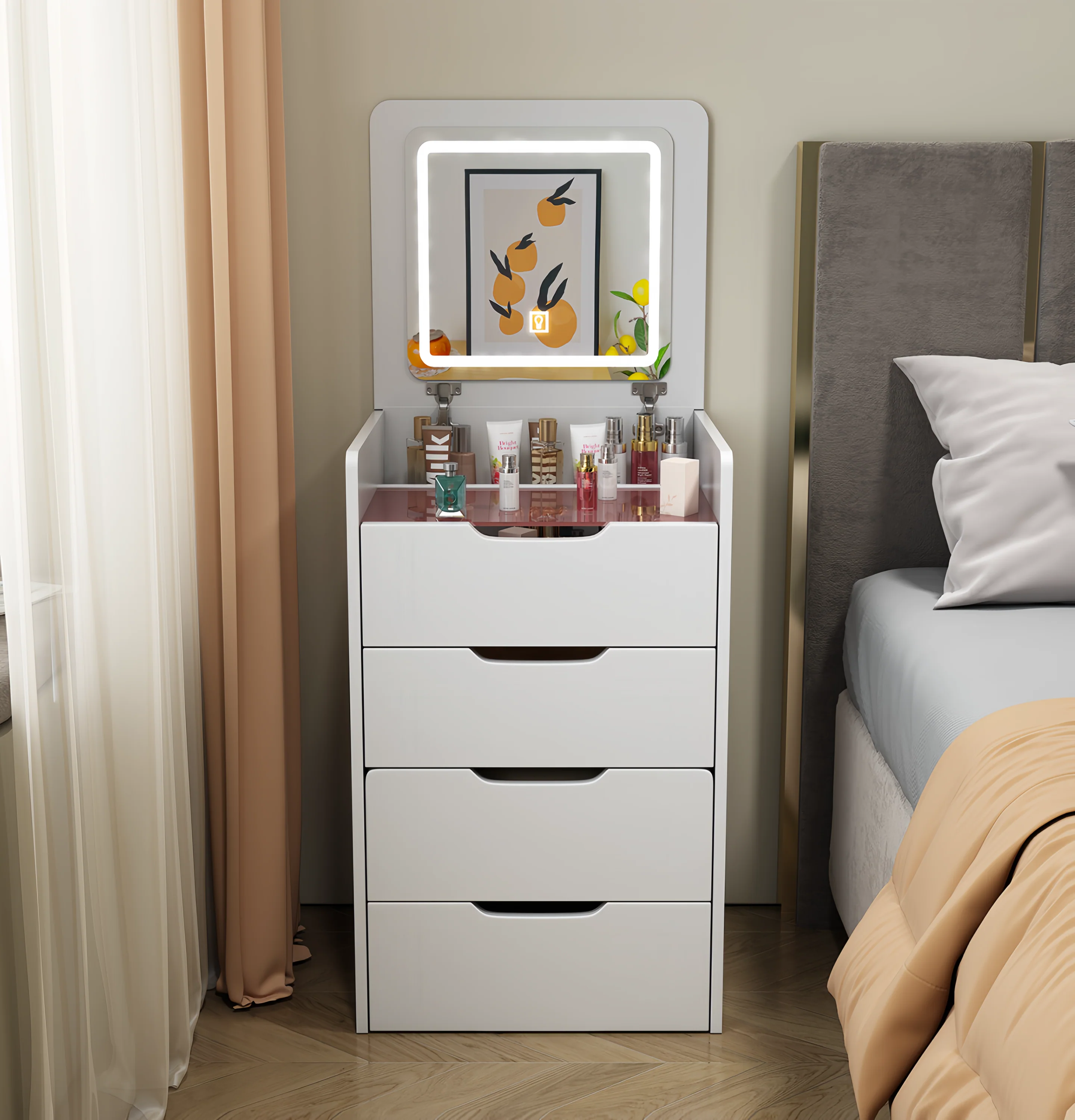 Walker Edison | White 3 in 1 Vanity Desk Set with Flip Top Mirror & Storage - Image 7
