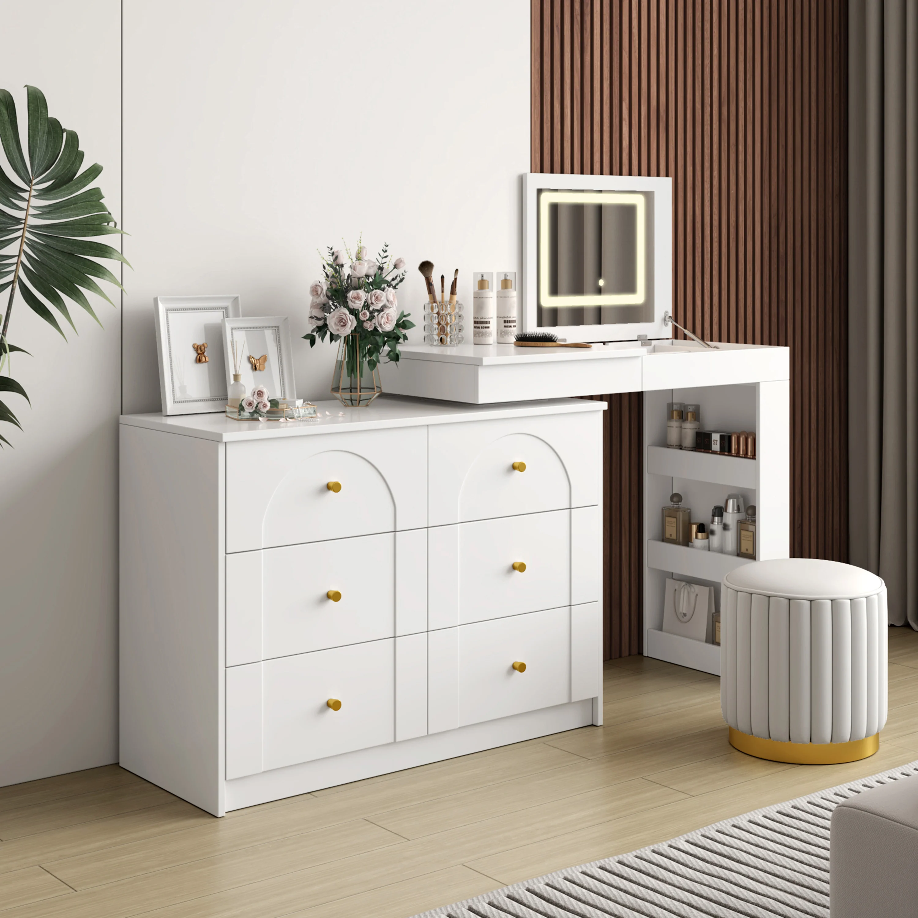 Walker Edison | White Multi-Functional Vanity Desk Dresser Set with Flip Mirror and Lights