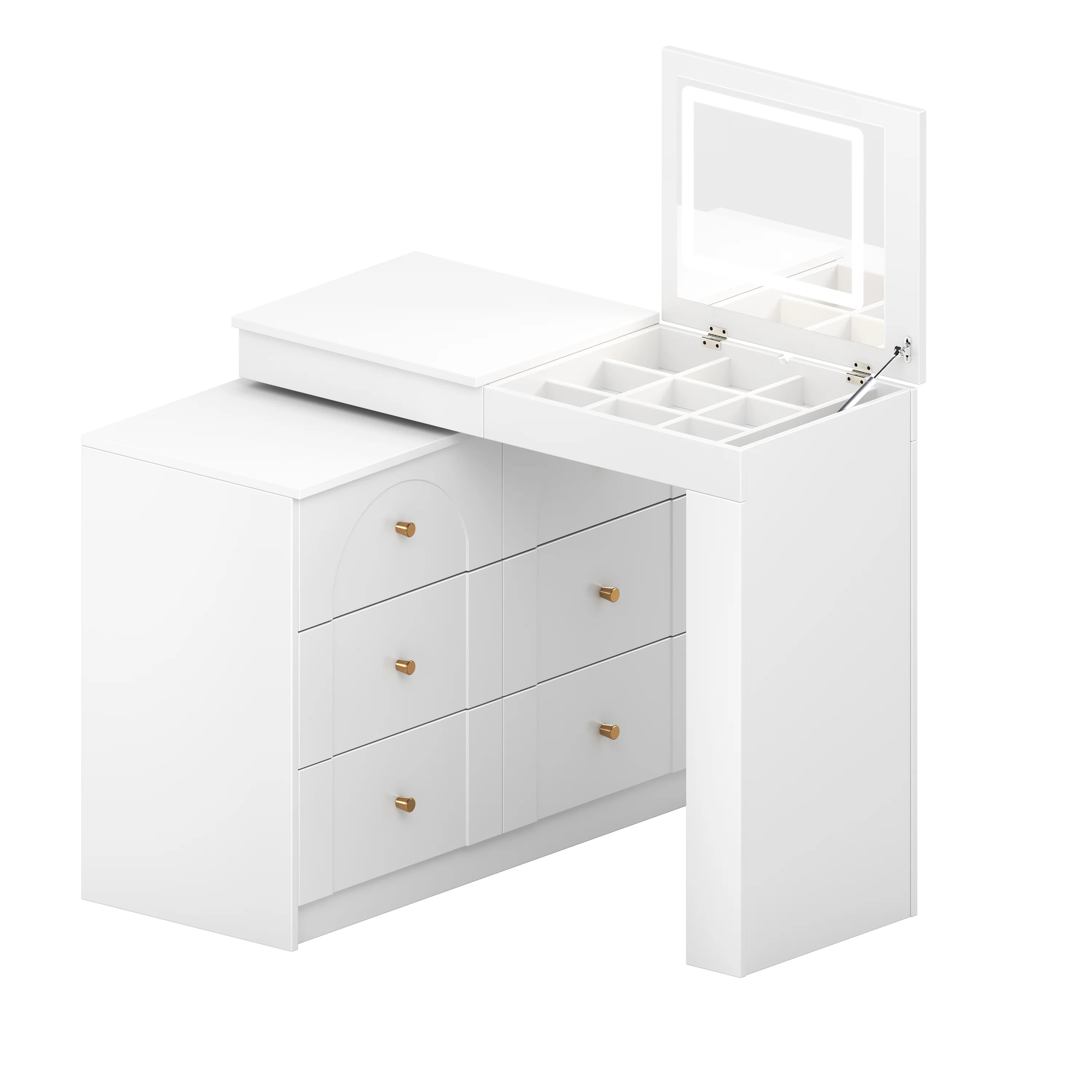 Walker Edison | White Multi-Functional Vanity Desk Dresser Set with Flip Mirror and Lights - Image 10