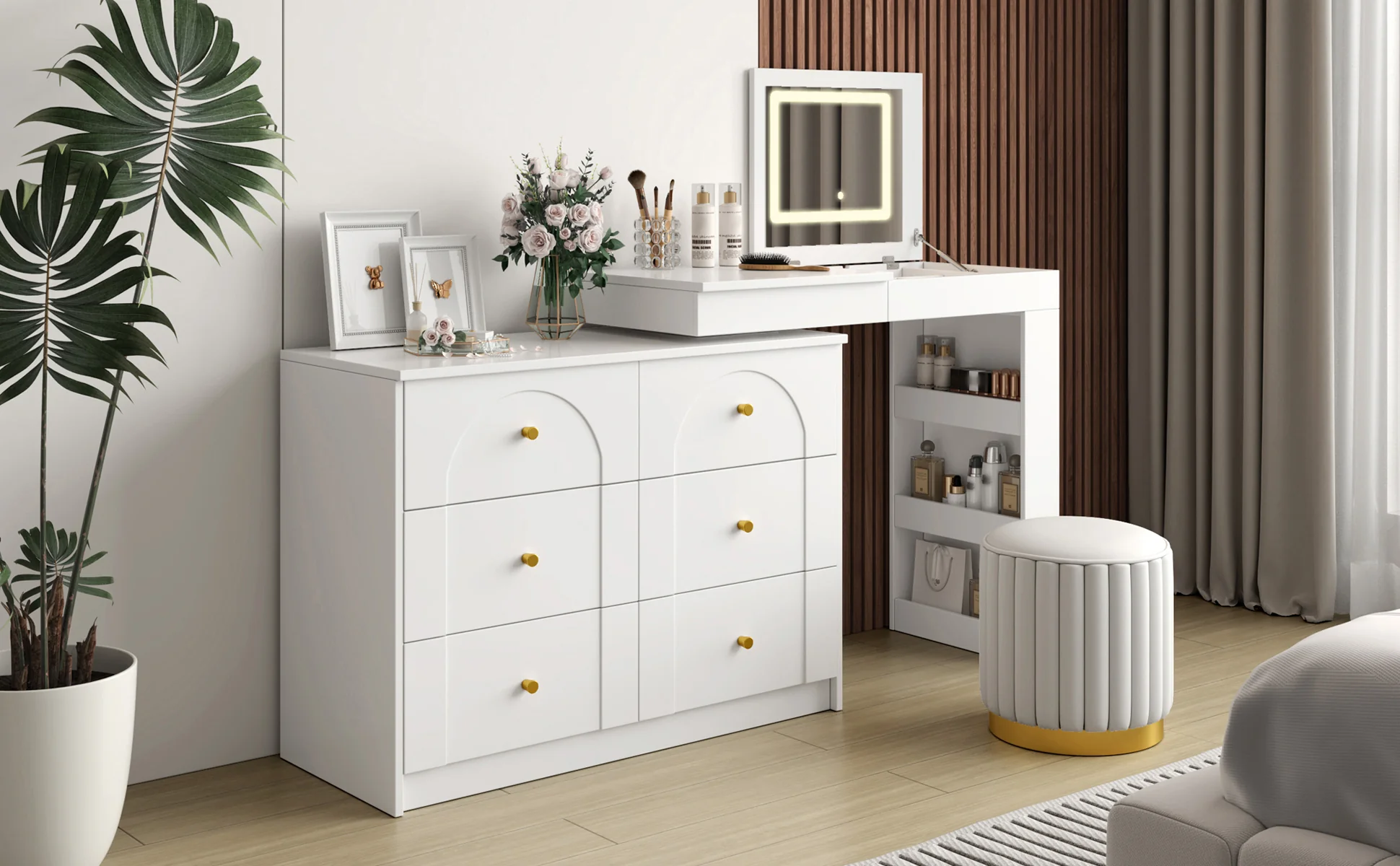 Walker Edison | White Multi-Functional Vanity Desk Dresser Set with Flip Mirror and Lights - Image 19