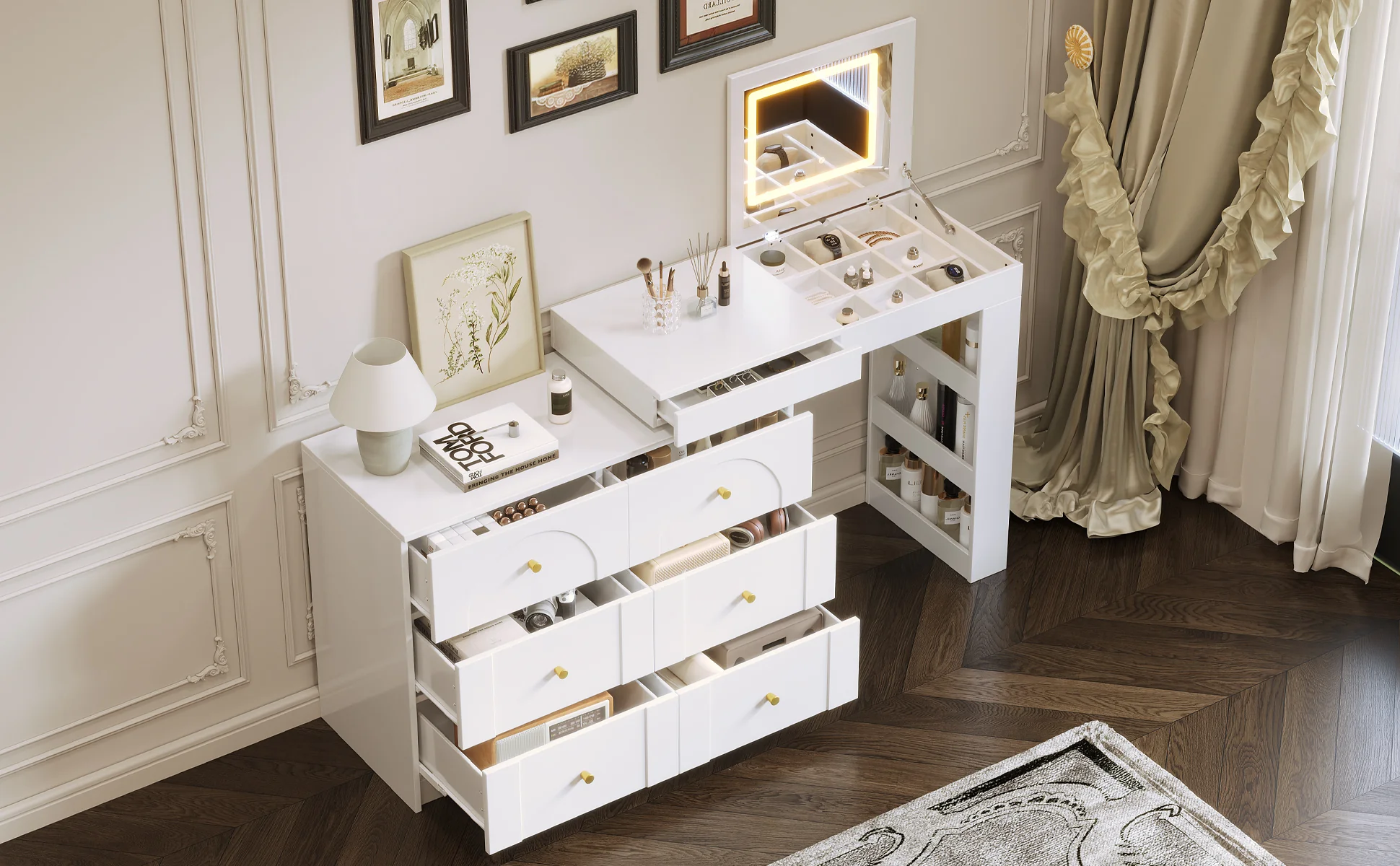 Walker Edison | White Multi-Functional Vanity Desk Dresser Set with Flip Mirror and Lights - Image 20