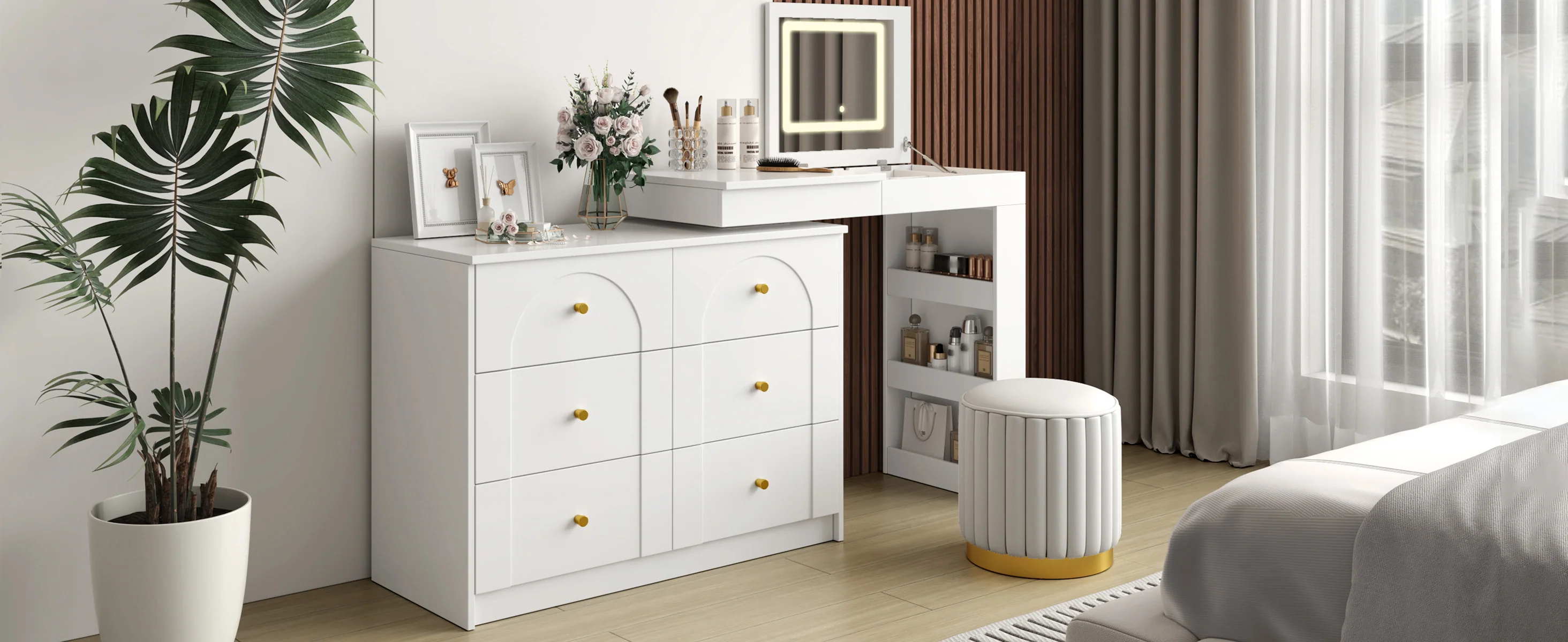 Walker Edison | White Multi-Functional Vanity Desk Dresser Set with Flip Mirror and Lights - Image 22