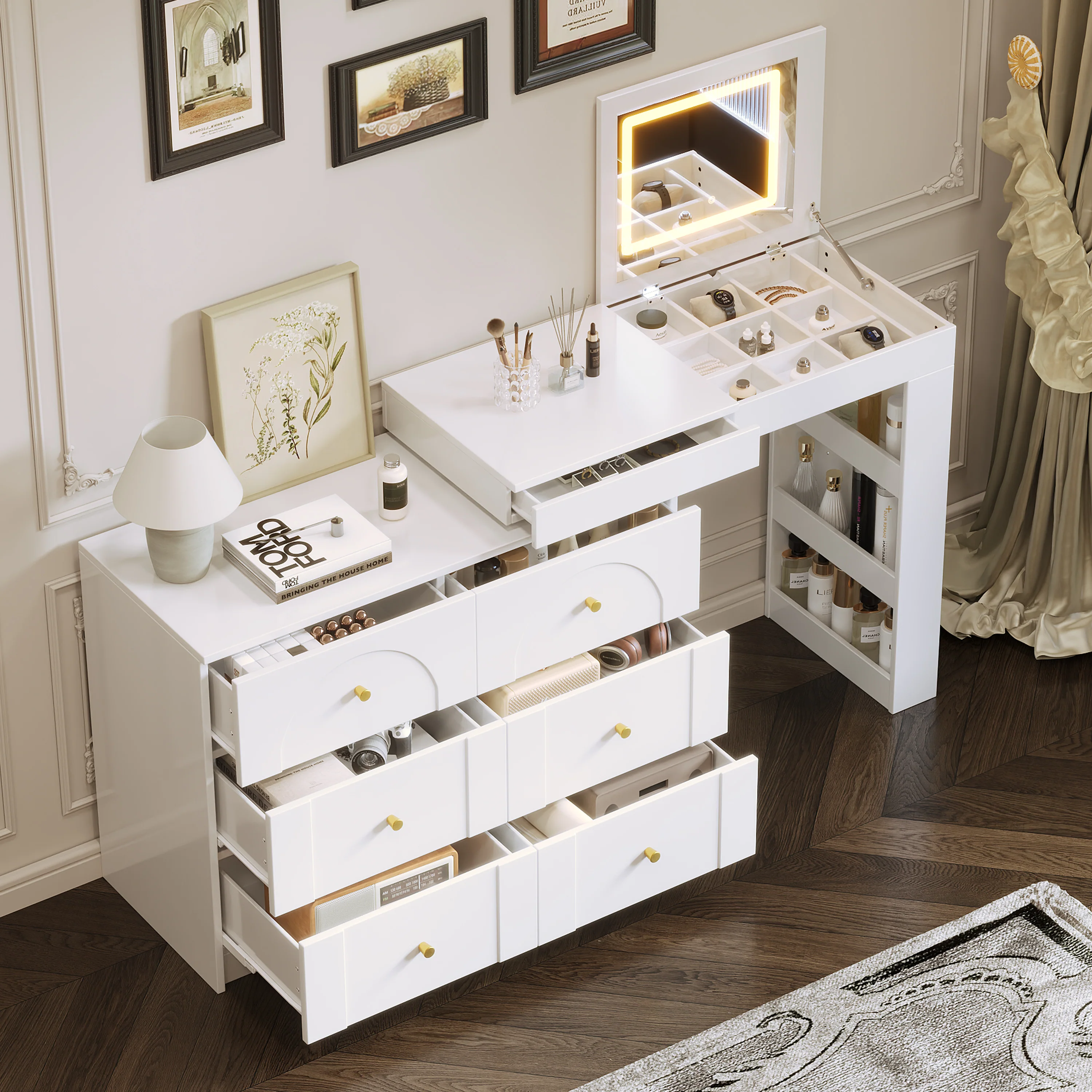 Walker Edison | White Multi-Functional Vanity Desk Dresser Set with Flip Mirror and Lights - Image 3