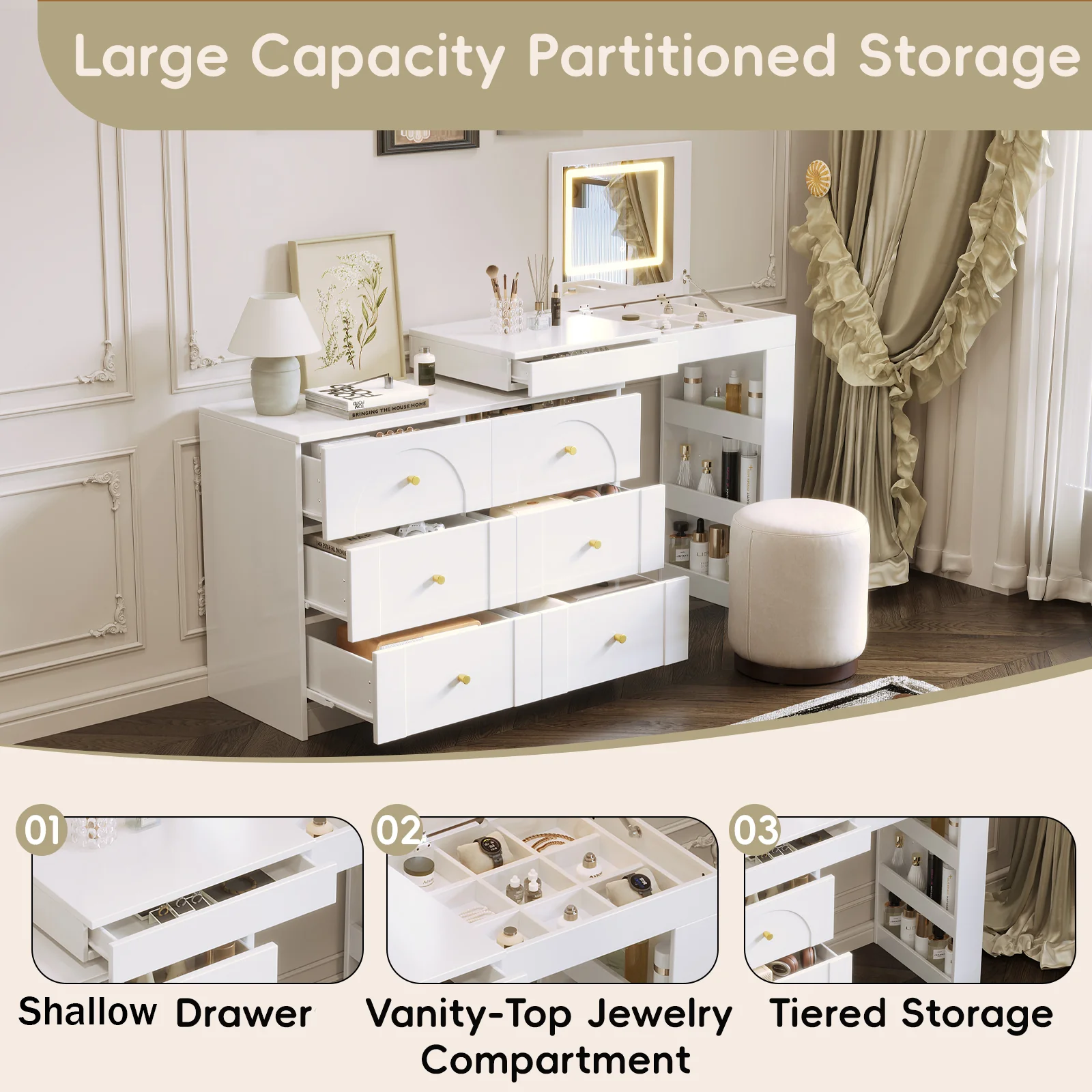 Walker Edison | White Multi-Functional Vanity Desk Dresser Set with Flip Mirror and Lights - Image 5