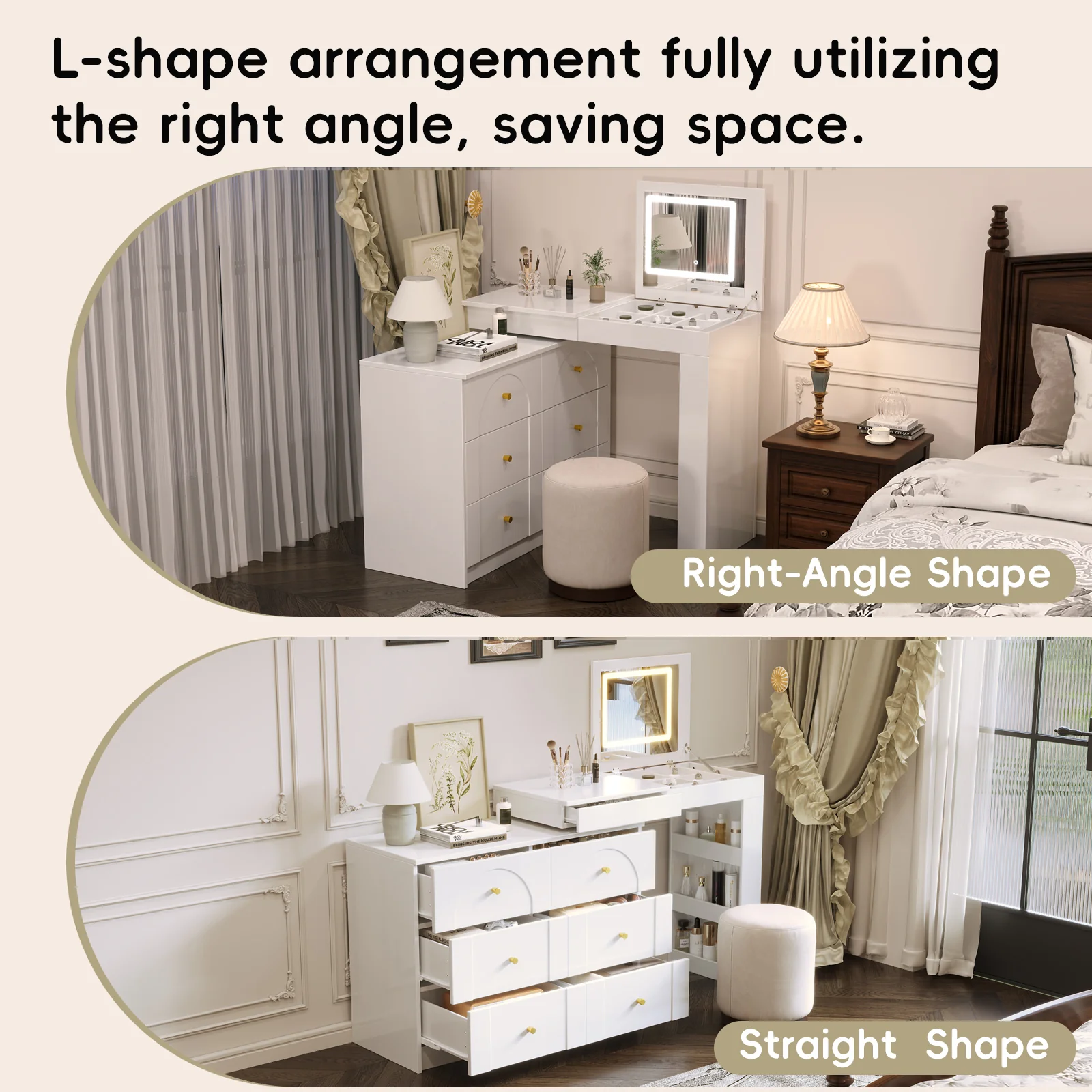 Walker Edison | White Multi-Functional Vanity Desk Dresser Set with Flip Mirror and Lights - Image 7