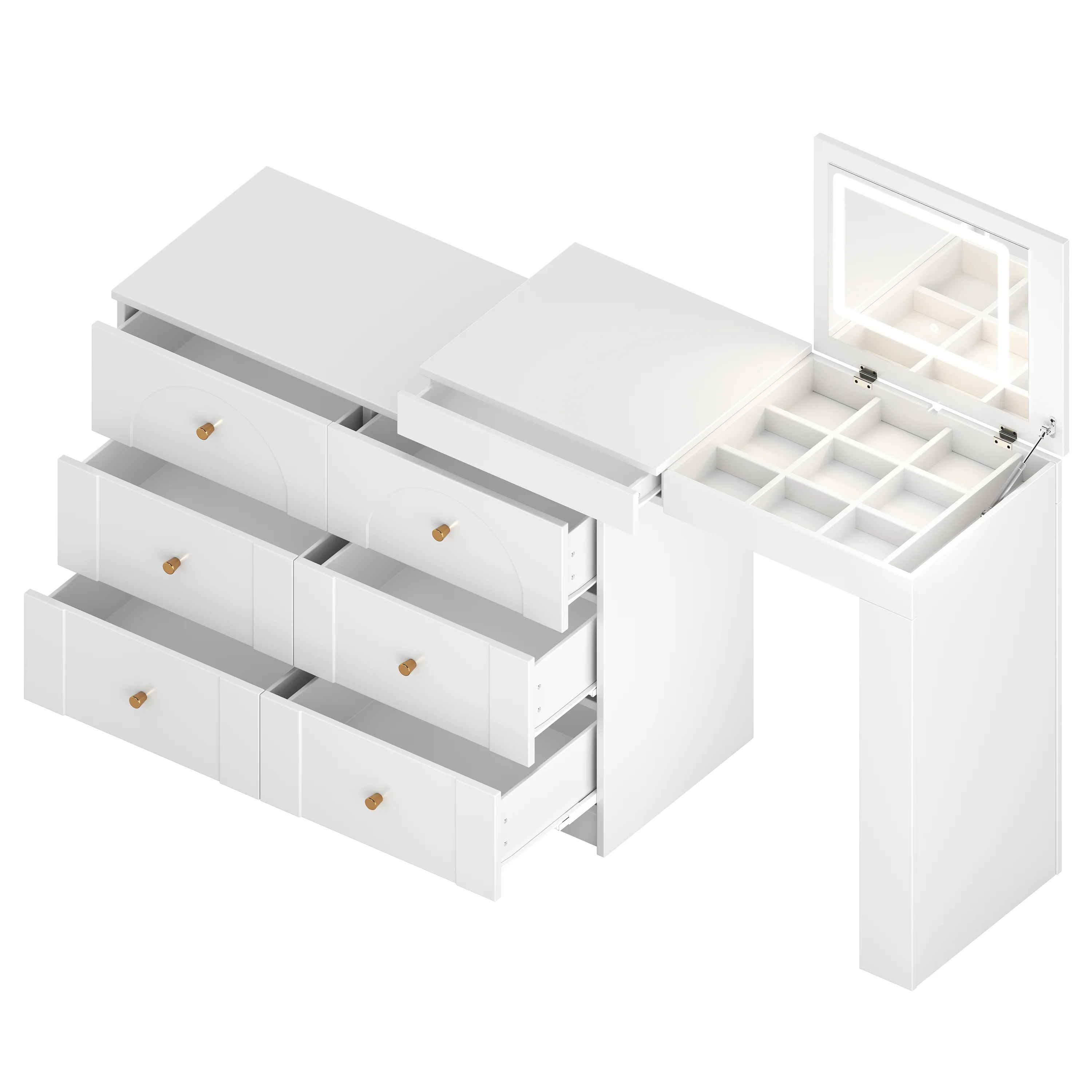 Walker Edison | White Multi-Functional Vanity Desk Dresser Set with Flip Mirror and Lights - Image 8