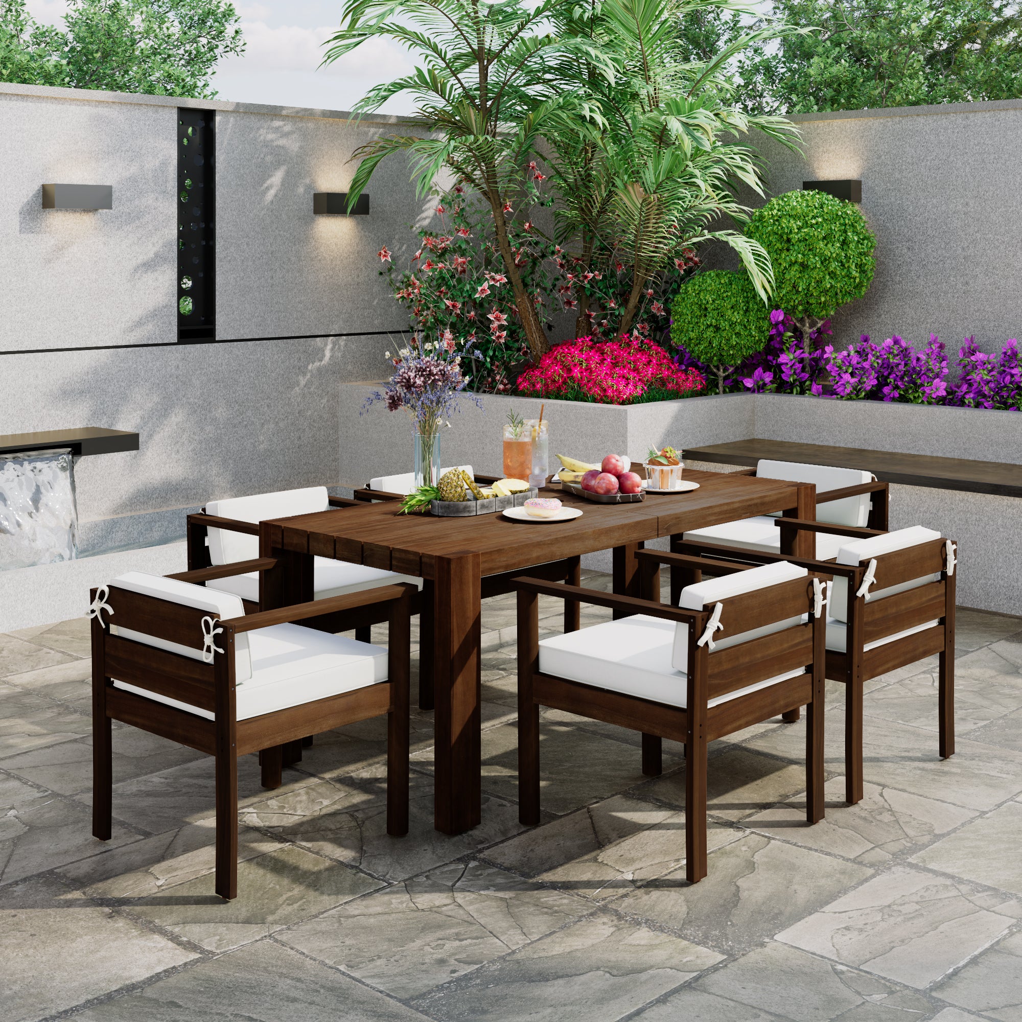 Walker Edison | Wood Outdoor Patio 7-Piece Dining Table Set for 6
