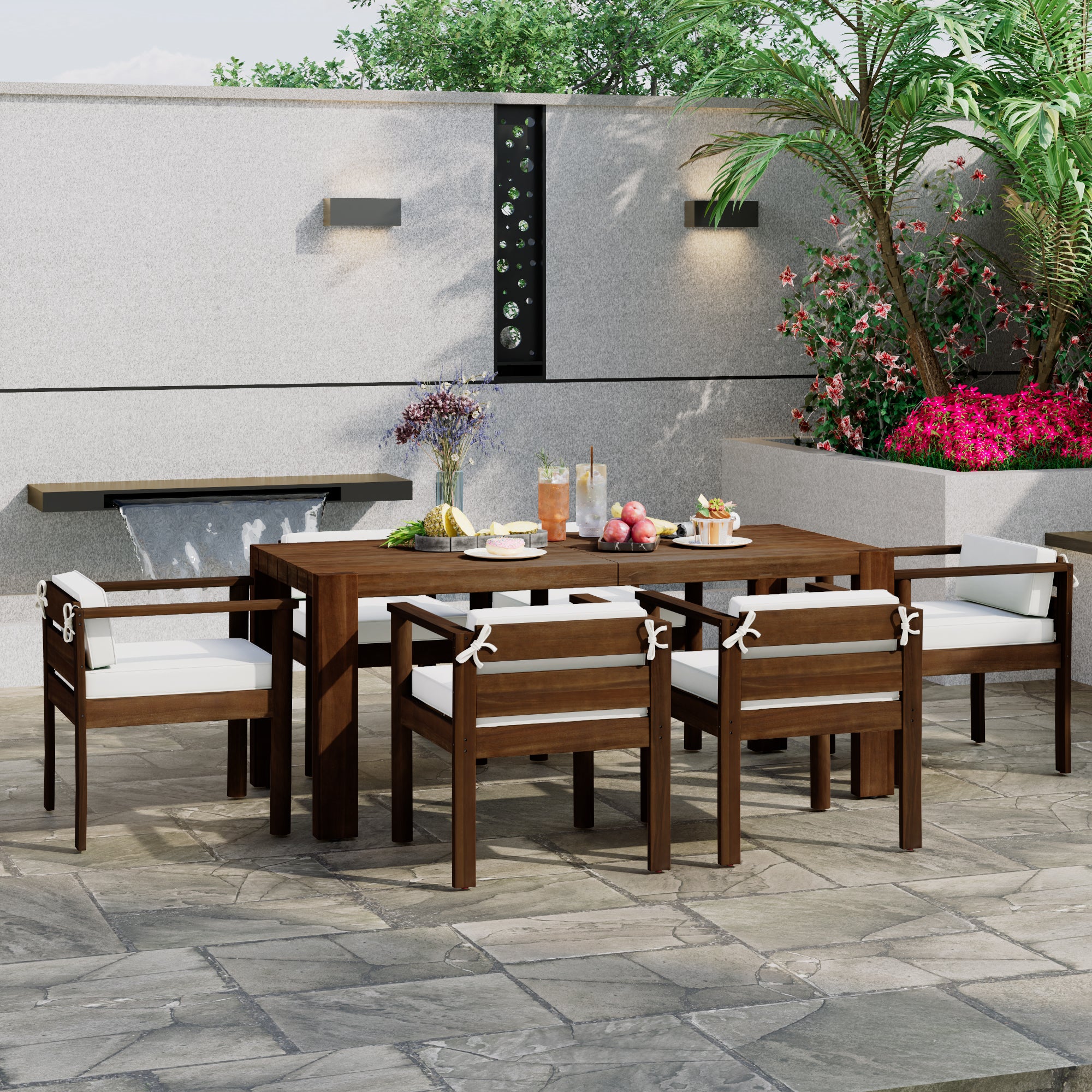 Walker Edison | Wood Outdoor Patio 7-Piece Dining Table Set for 6 - Image 2