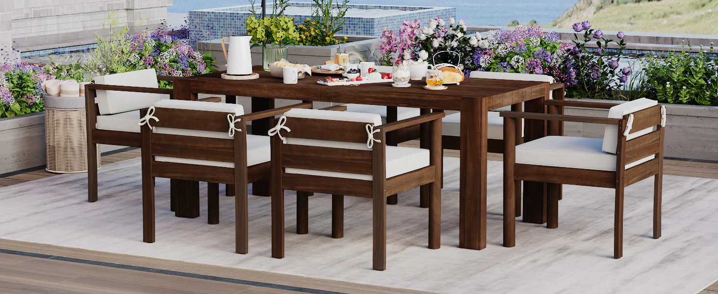 Walker Edison | Wood Outdoor Patio 7-Piece Dining Table Set for 6 - Image 21