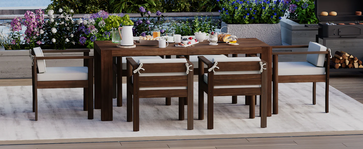 Walker Edison | Wood Outdoor Patio 7-Piece Dining Table Set for 6 - Image 22