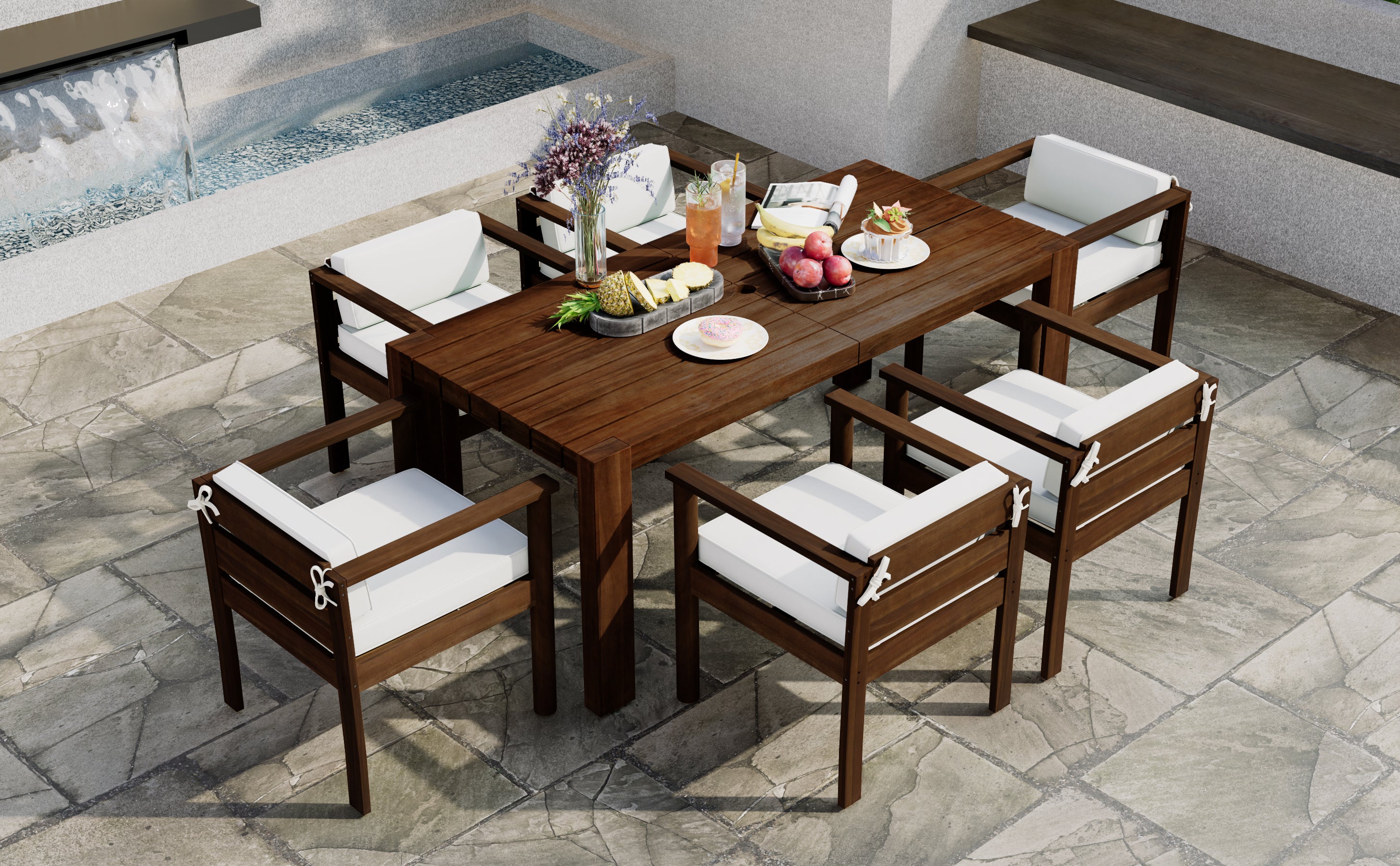 Walker Edison | Wood Outdoor Patio 7-Piece Dining Table Set for 6 - Image 38